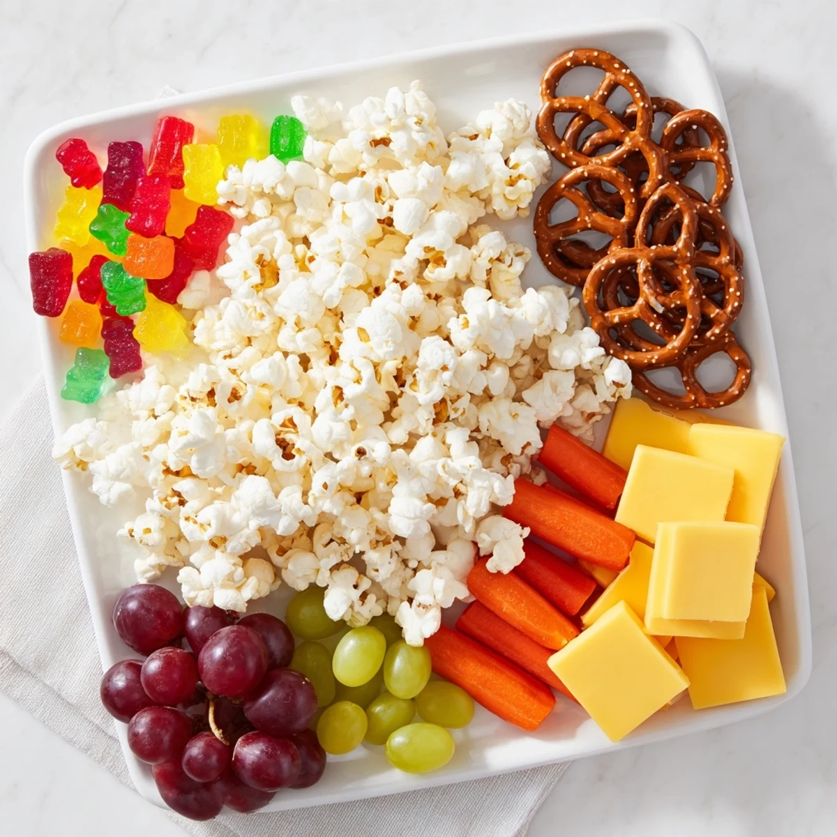 This delicious Movie Night Munchie Board displays a grid of sweet and savory snacks to make movie time fun.