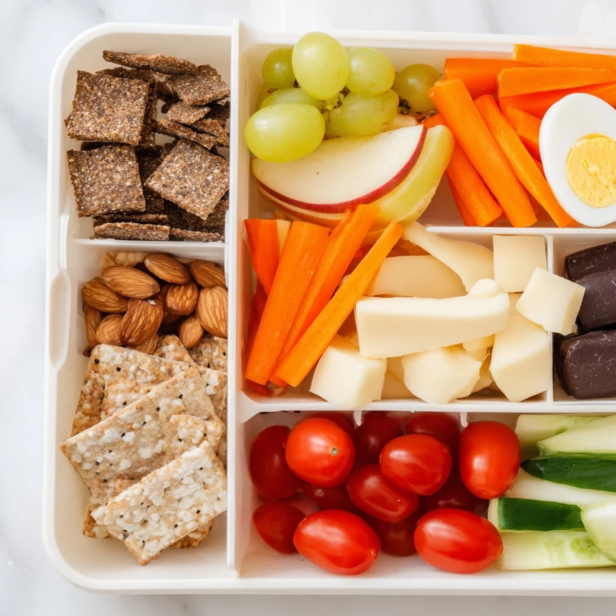 Road Trip Snack Box filled with colorful fruits, cheese, and crackers, perfect for quick on-the-go meals.