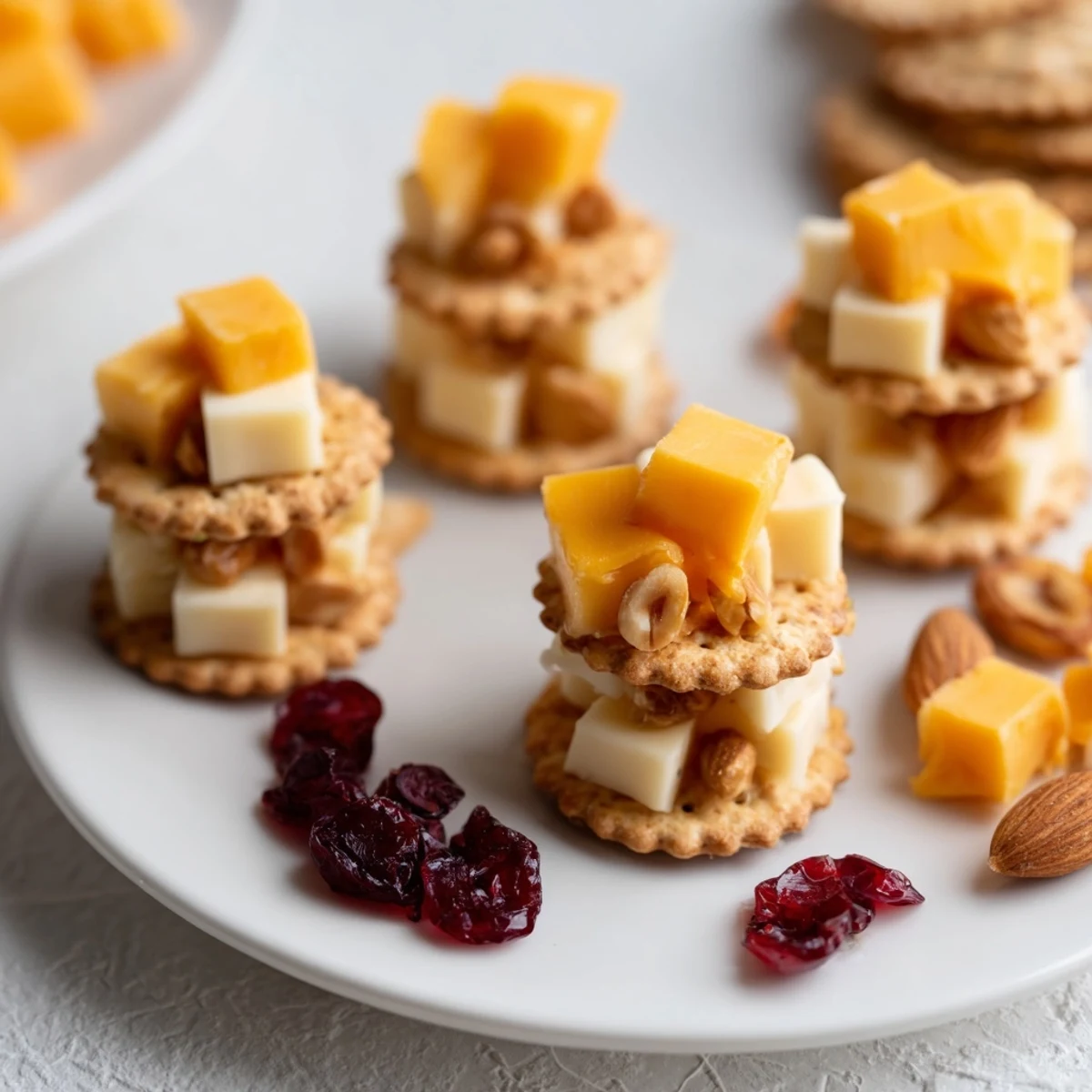 Close-up of a Work From Home Desk Treat: cheese and crackers arranged with red cranberry and almond garnish.