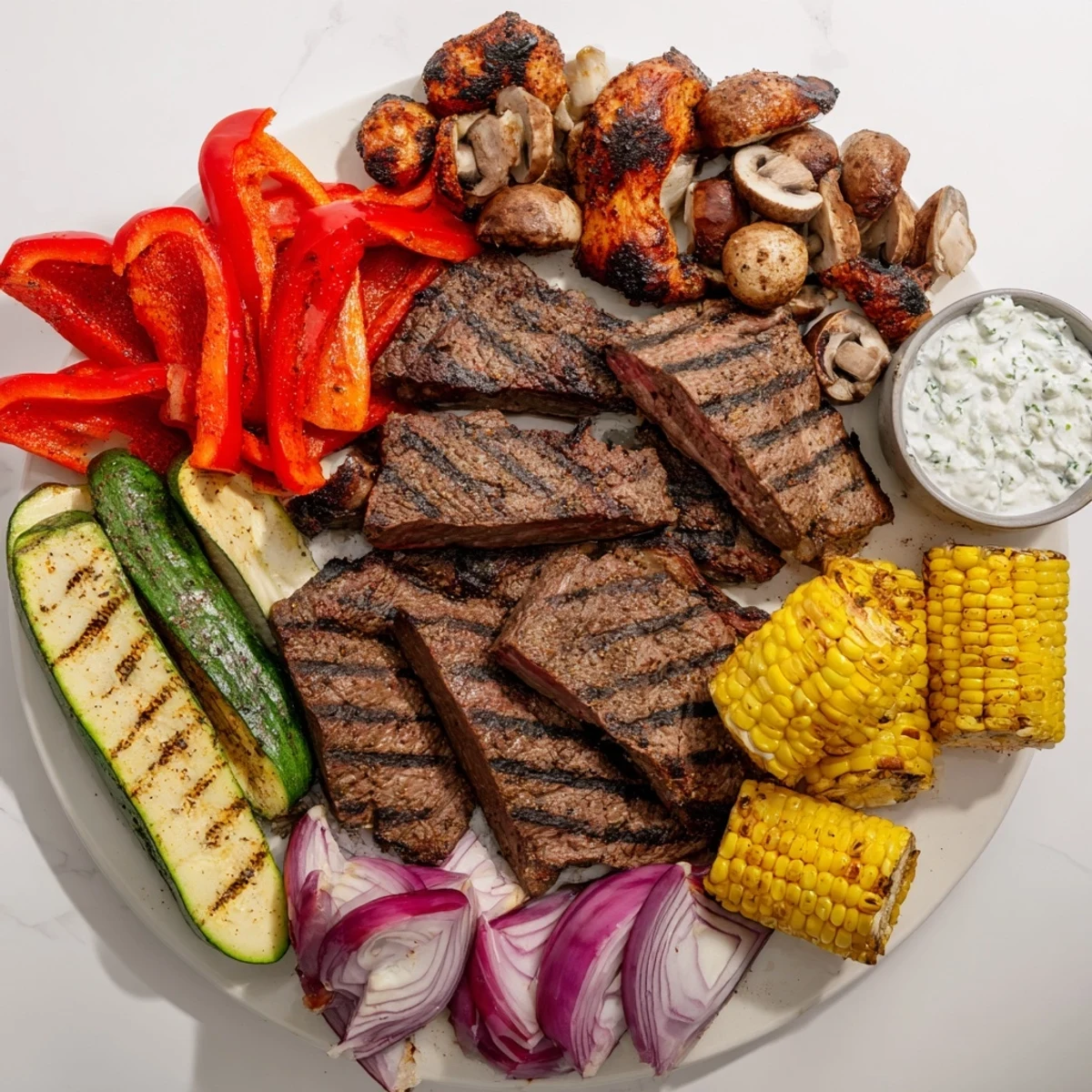 Vibrant image of The Backyard BBQ Companion: piled high with juicy grilled meats and colorful vegetables.