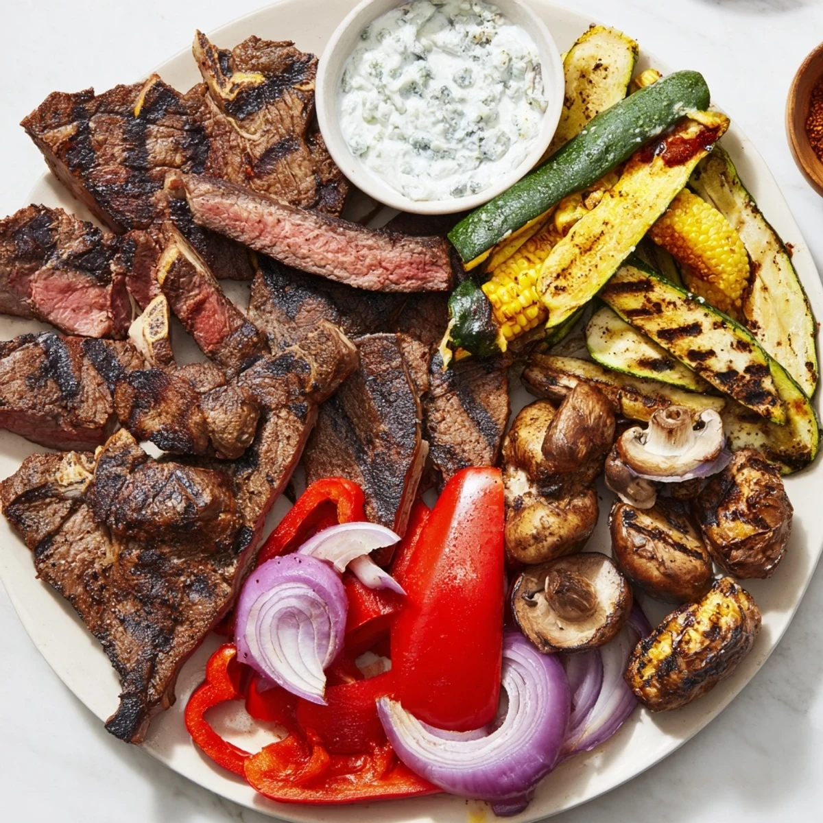Delicious Backyard BBQ Companion recipe with ribeye, pork, and grilled vegetables, perfect for a cookout.
