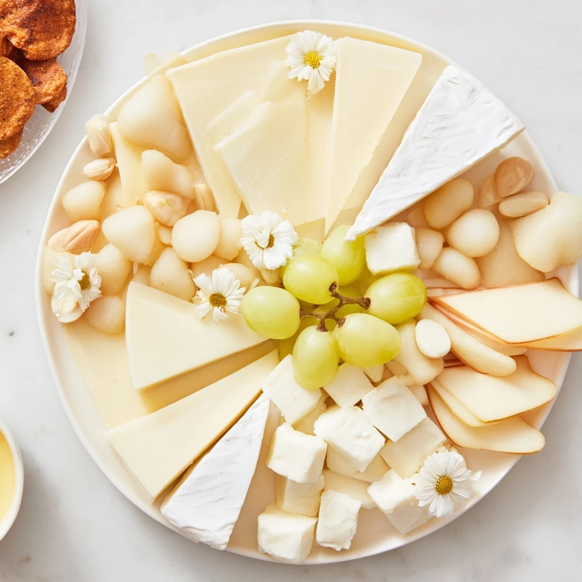 A beautifully arranged Bridal Shower Bubbly Board overflowing with white and yellow delicacies for guests.