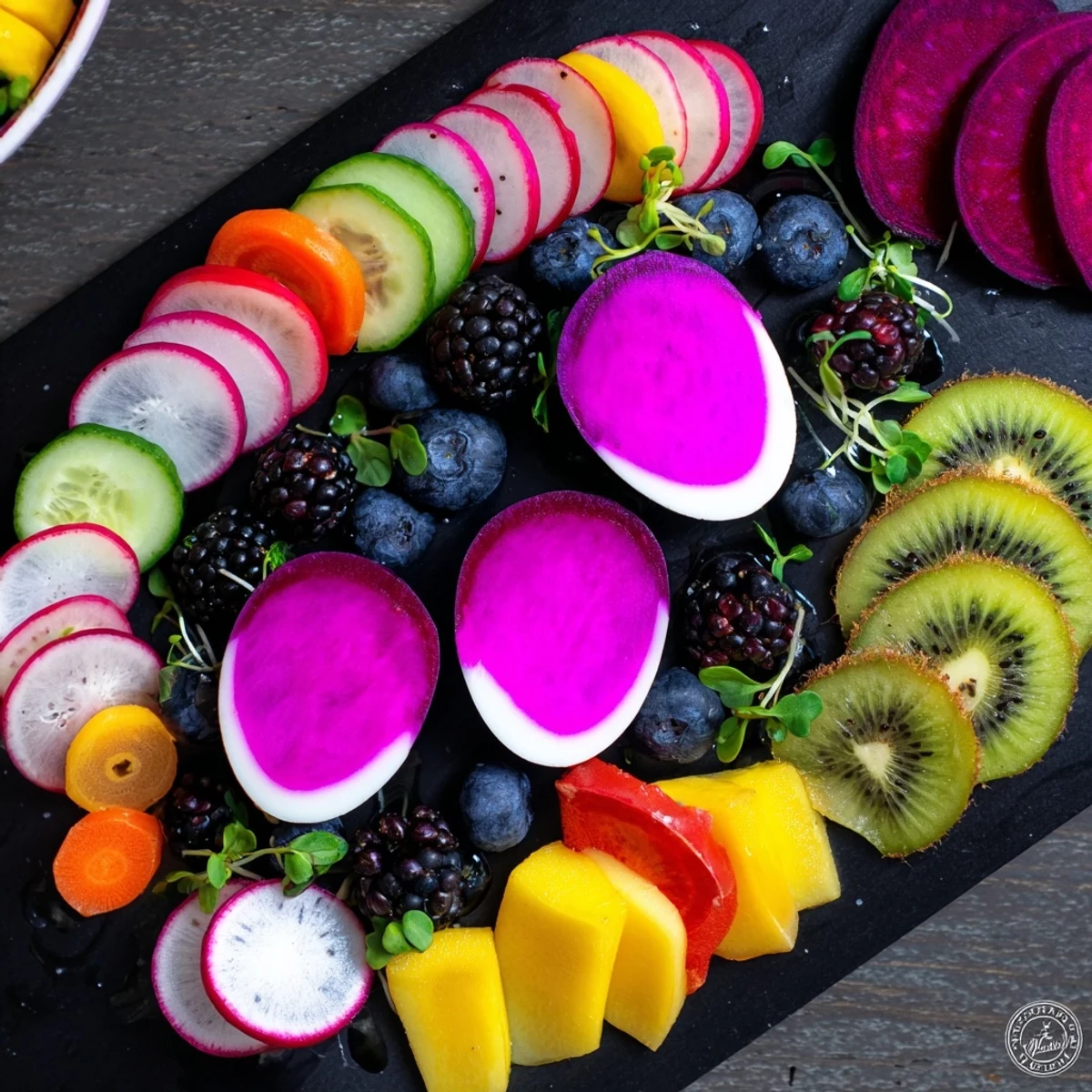 This Neon Night appetizer is a delicious mix of pickled veggies, beet-stained eggs, and fresh, juicy fruits.