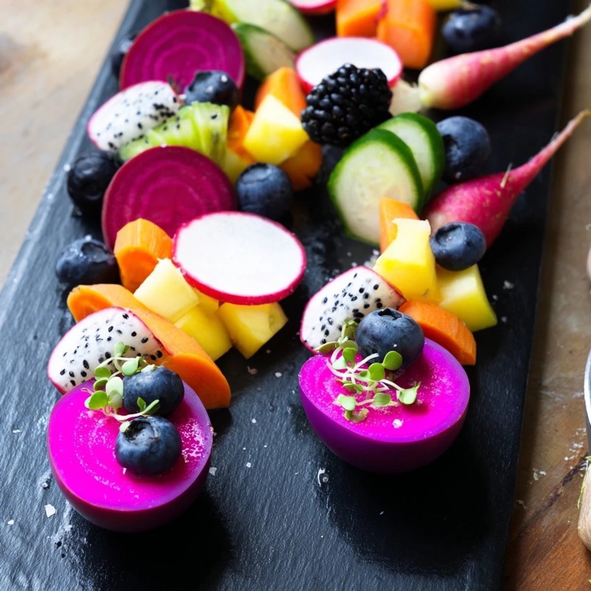 A vibrant Neon Night appetizer features colorful pickled vegetables and bright fruit, ready to impress.