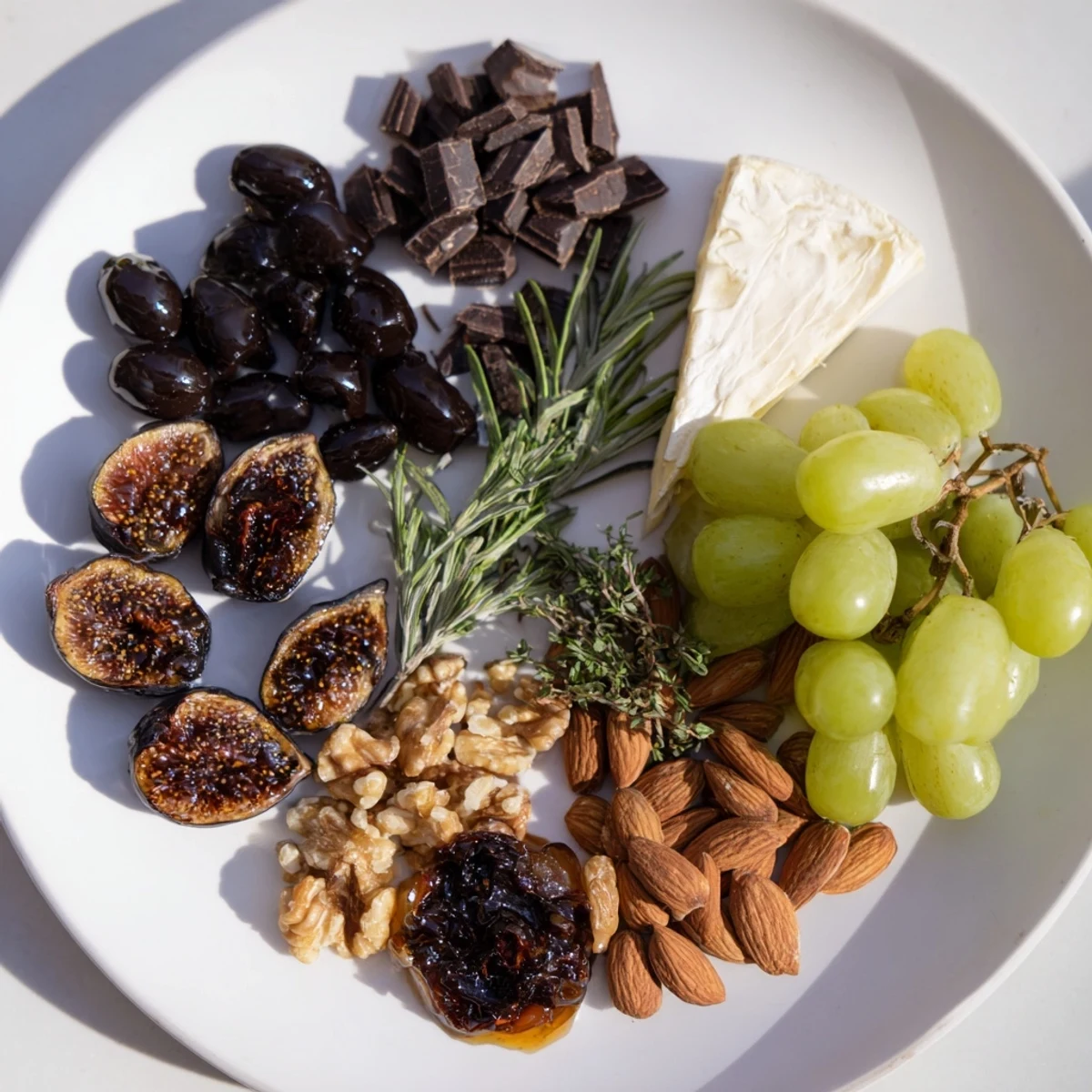 Elegant Winter Solstice Board featuring Brie, pears, and nuts with glistening honey, for a festive appetizer.