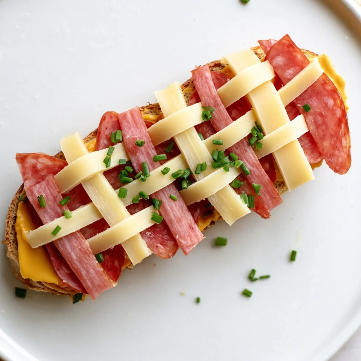 Artistic The Lattice Window: a lattice of pretzels showcasing layers of meat and cheese, ready to eat.