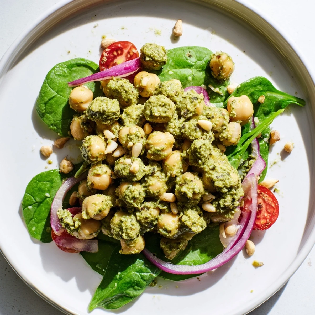 Freshly tossed Pesto Chickpea and Spinach Salad showcasing a medley of textures, perfect for a light vegetarian lunch.