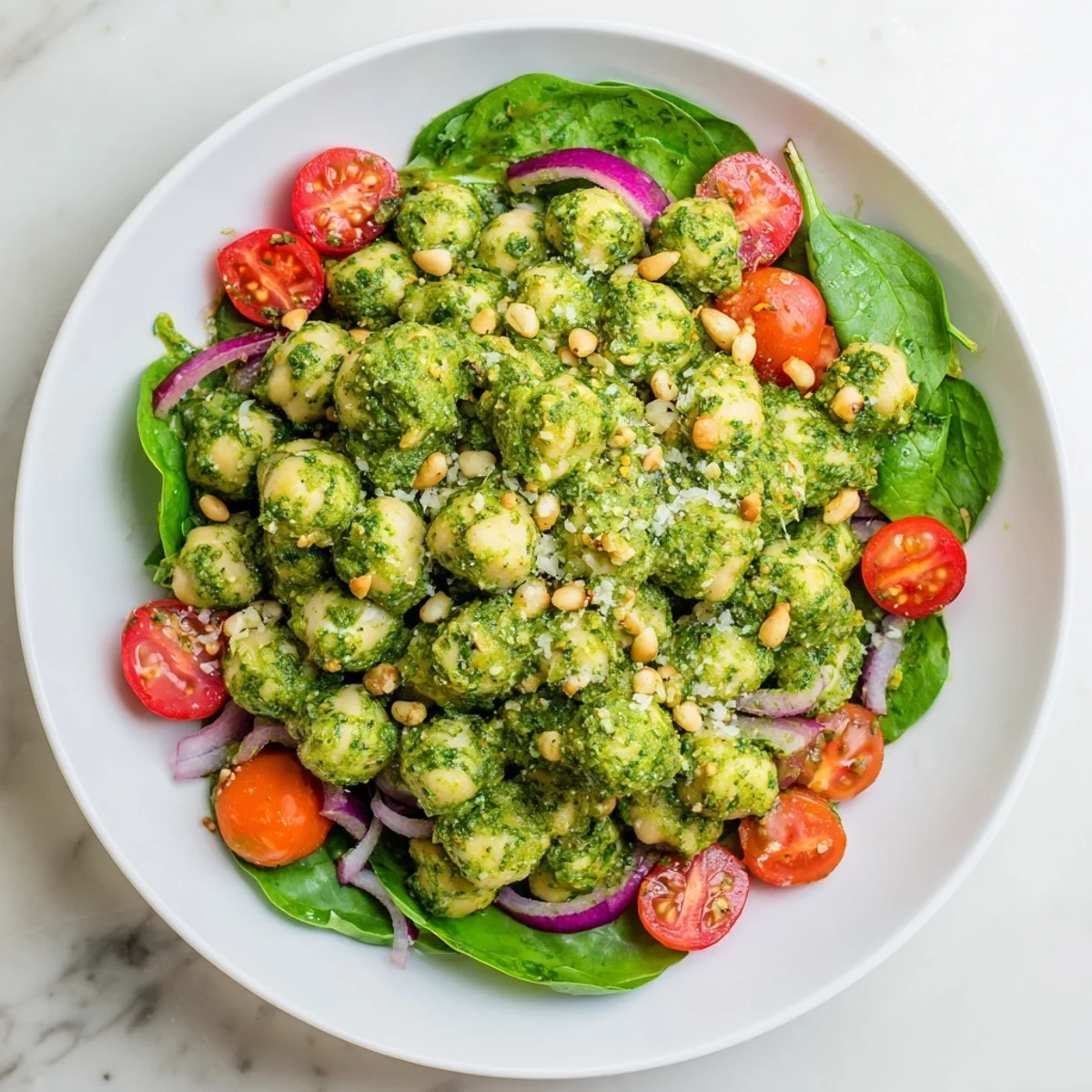 A close-up view of the delicious Pesto Chickpea and Spinach Salad, bursting with fresh Mediterranean flavors.