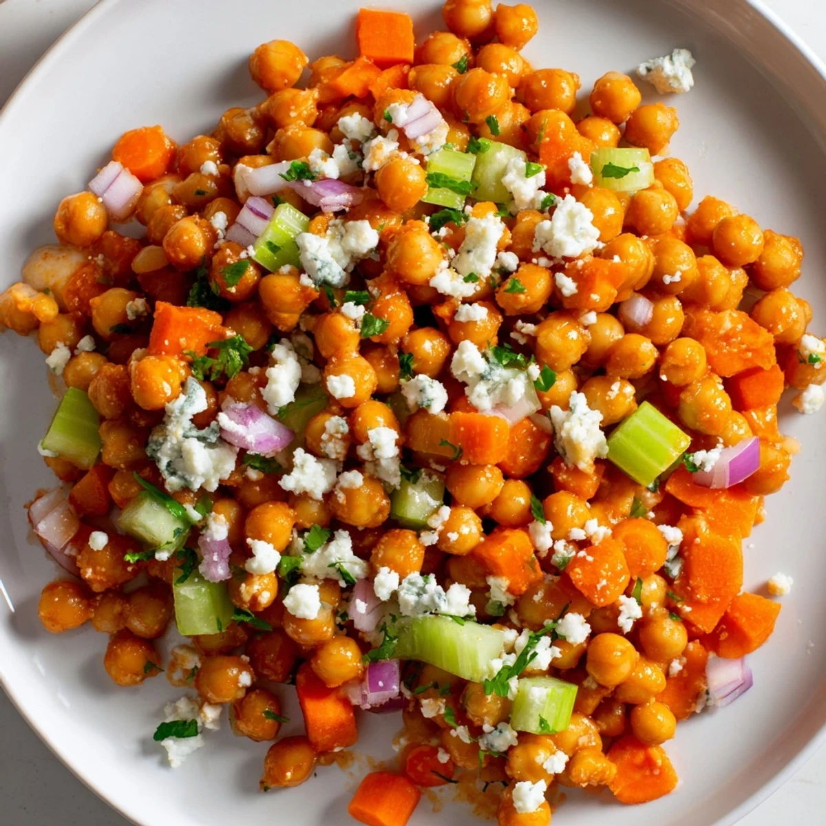 Buffalo Chicken Bean Salad, a vibrant salad with chickpeas coated in zesty buffalo sauce.
