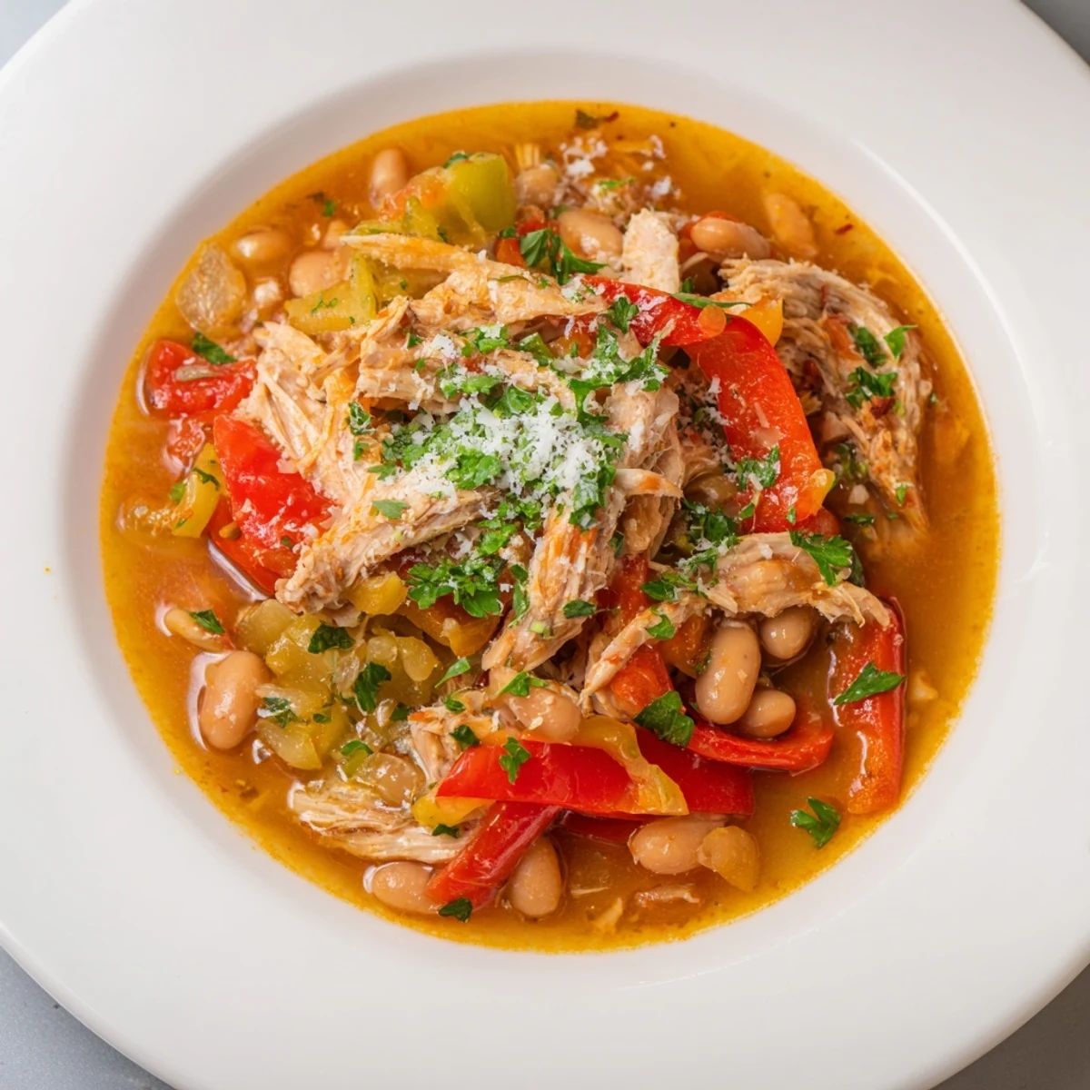 Close-up of savory White Bean and Roasted Red Pepper Chicken, rustic and bubbling in a Dutch oven.