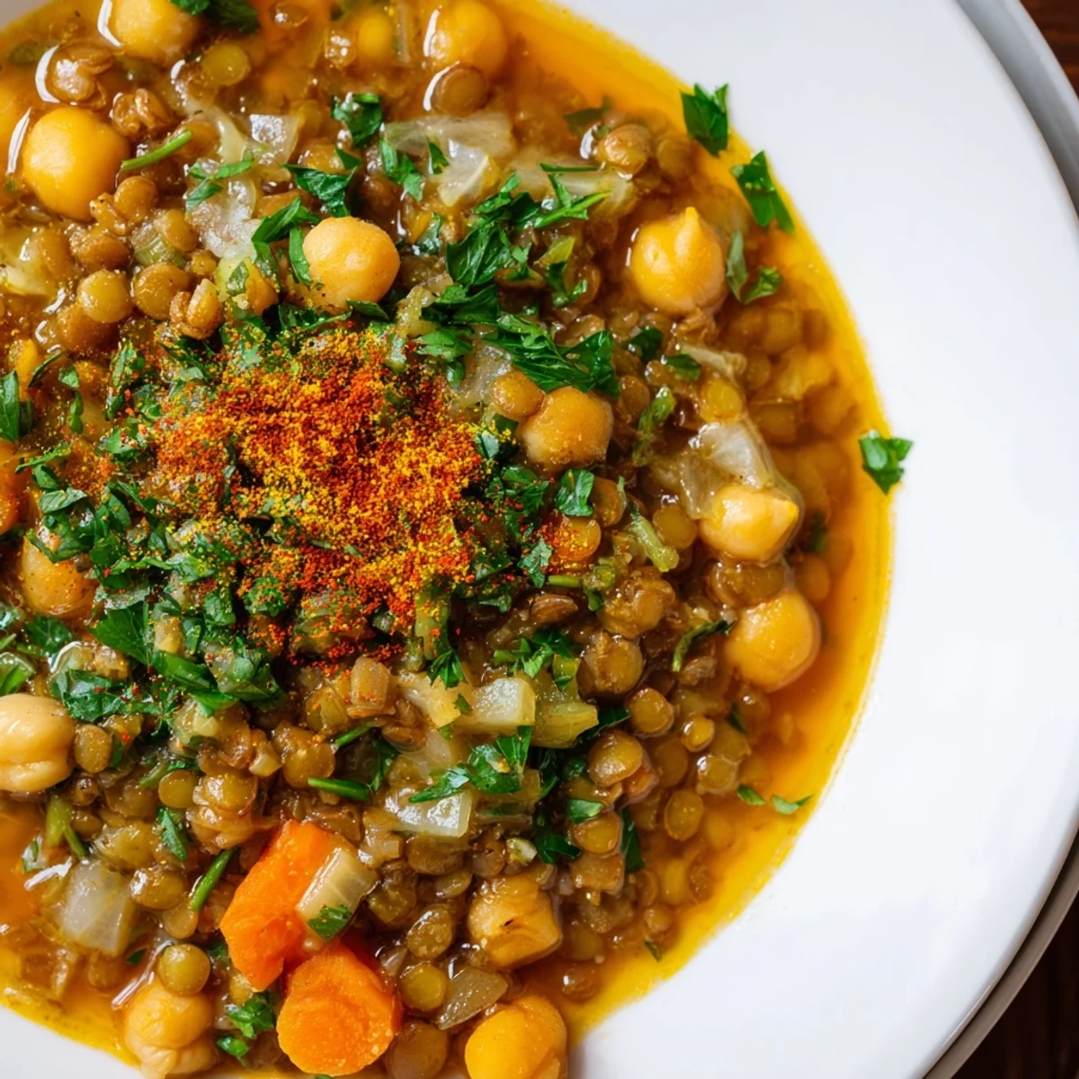 A vibrant close-up of Middle Eastern lentil and chickpea stew with vegetables, perfect for a warming meal.
