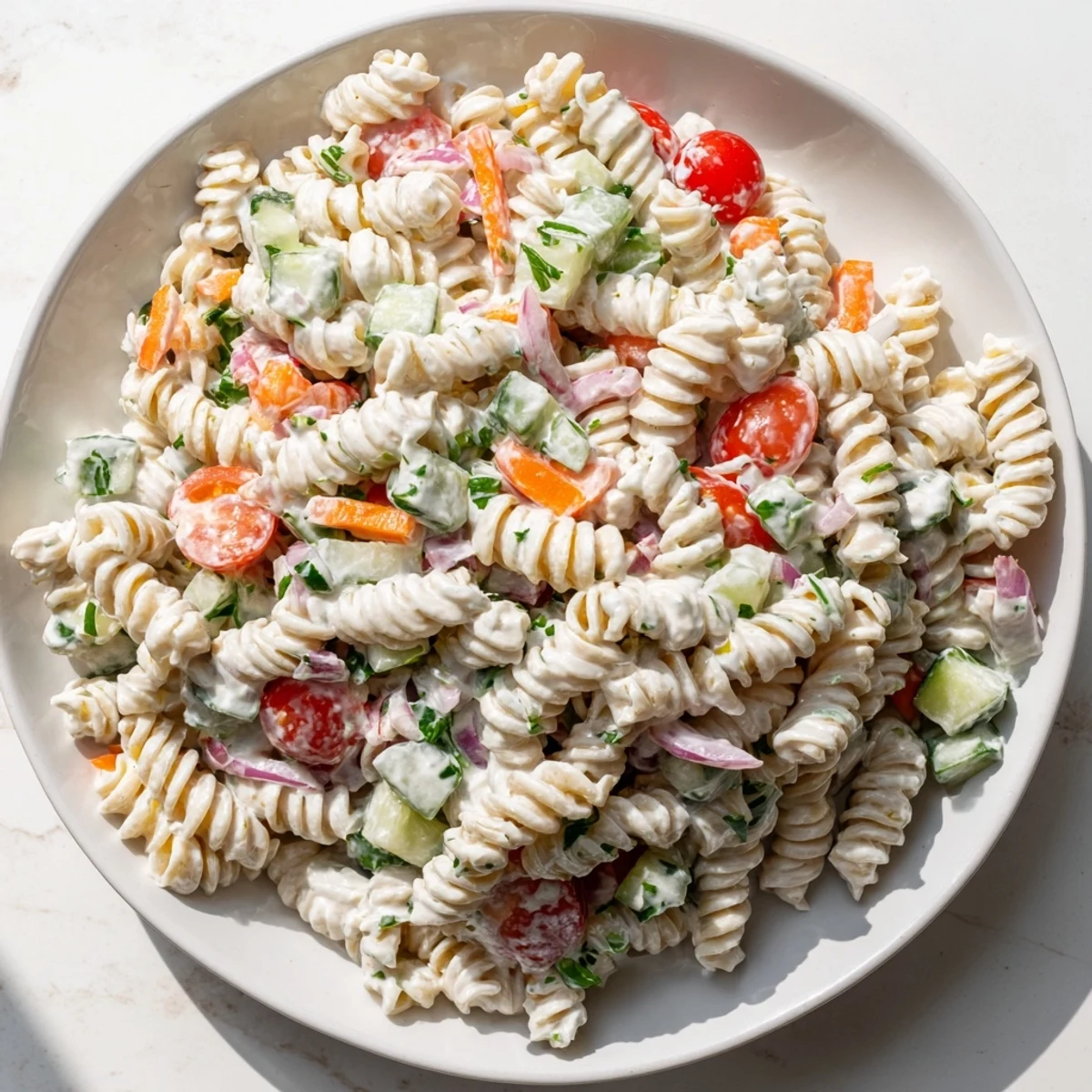 Creamy Vegan Hemp Seed Ranch Pasta Salad, loaded with fresh veggies and a tangy dressing.