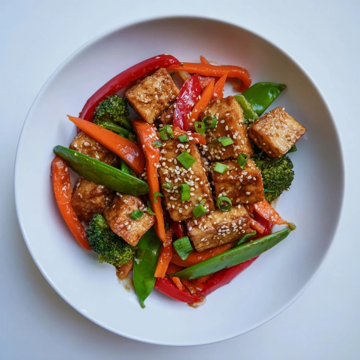 Golden, crispy Sesame Ginger Tofu Stir-Fry—a vegetarian delight with vibrant vegetables and noodles.