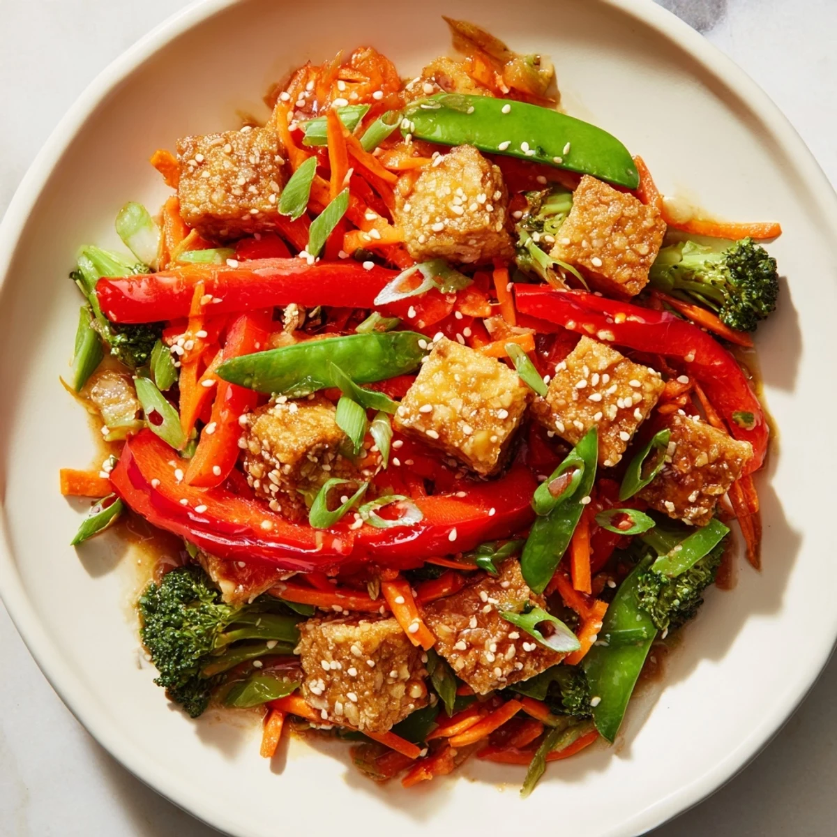 Sizzling pan of Sesame Ginger Tofu Stir-Fry, savory and tangy sauce coating every ingredient beautifully.