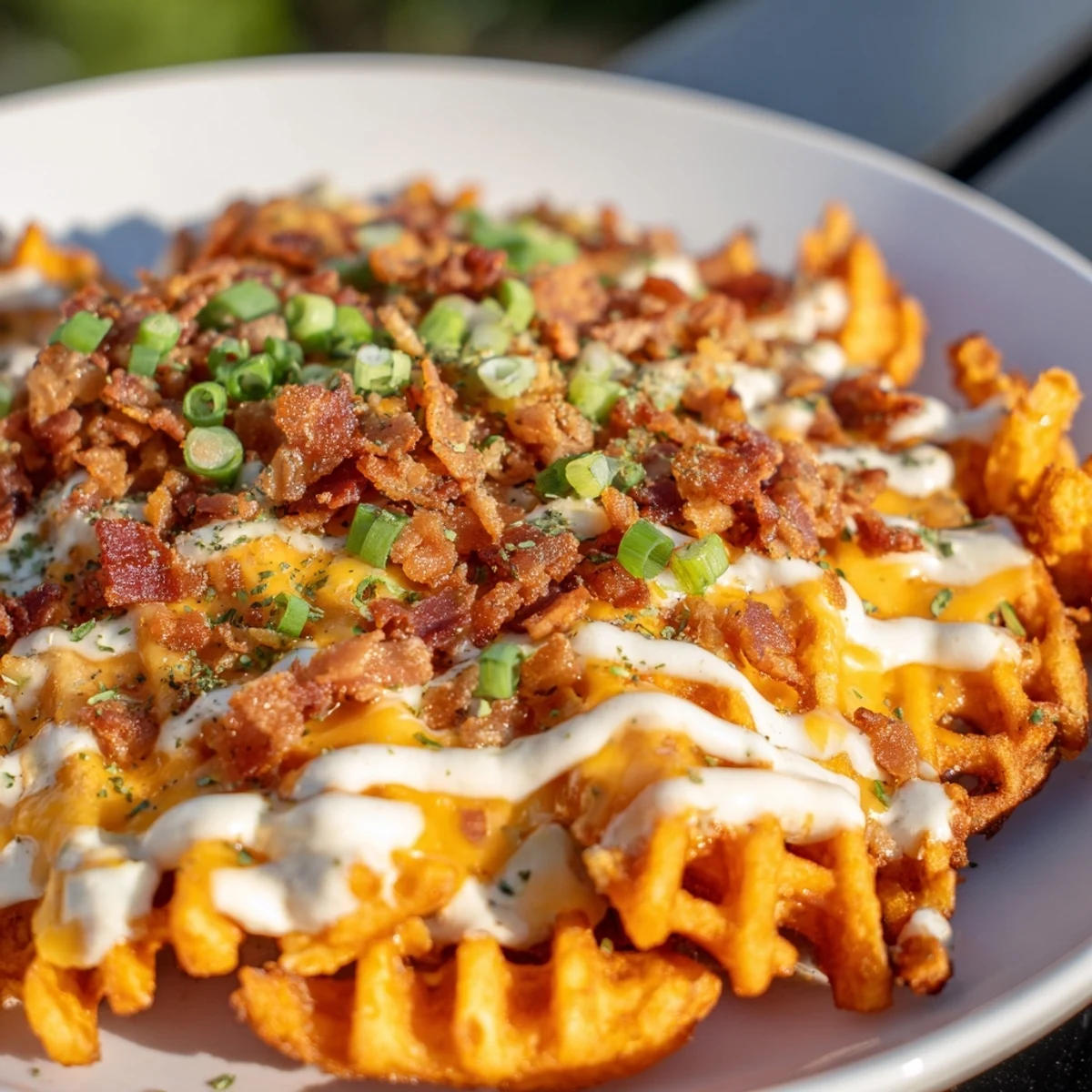 These savory Loaded Sweet Potato Fries are topped with creamy ranch, providing a delicious, flavorful experience.