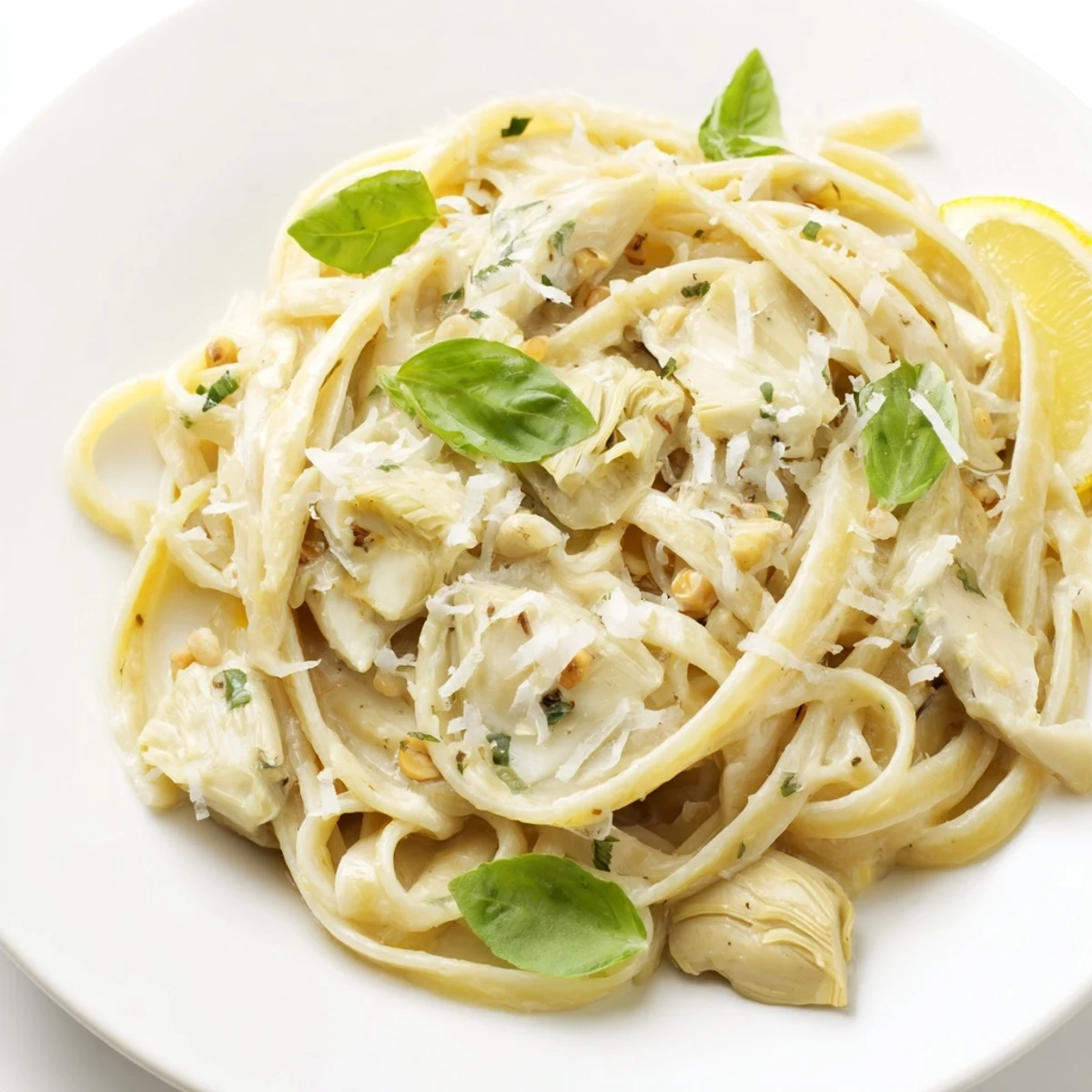 A close-up view of the finished Creamy Lemon Artichoke Pasta, a vegetarian Italian main course.