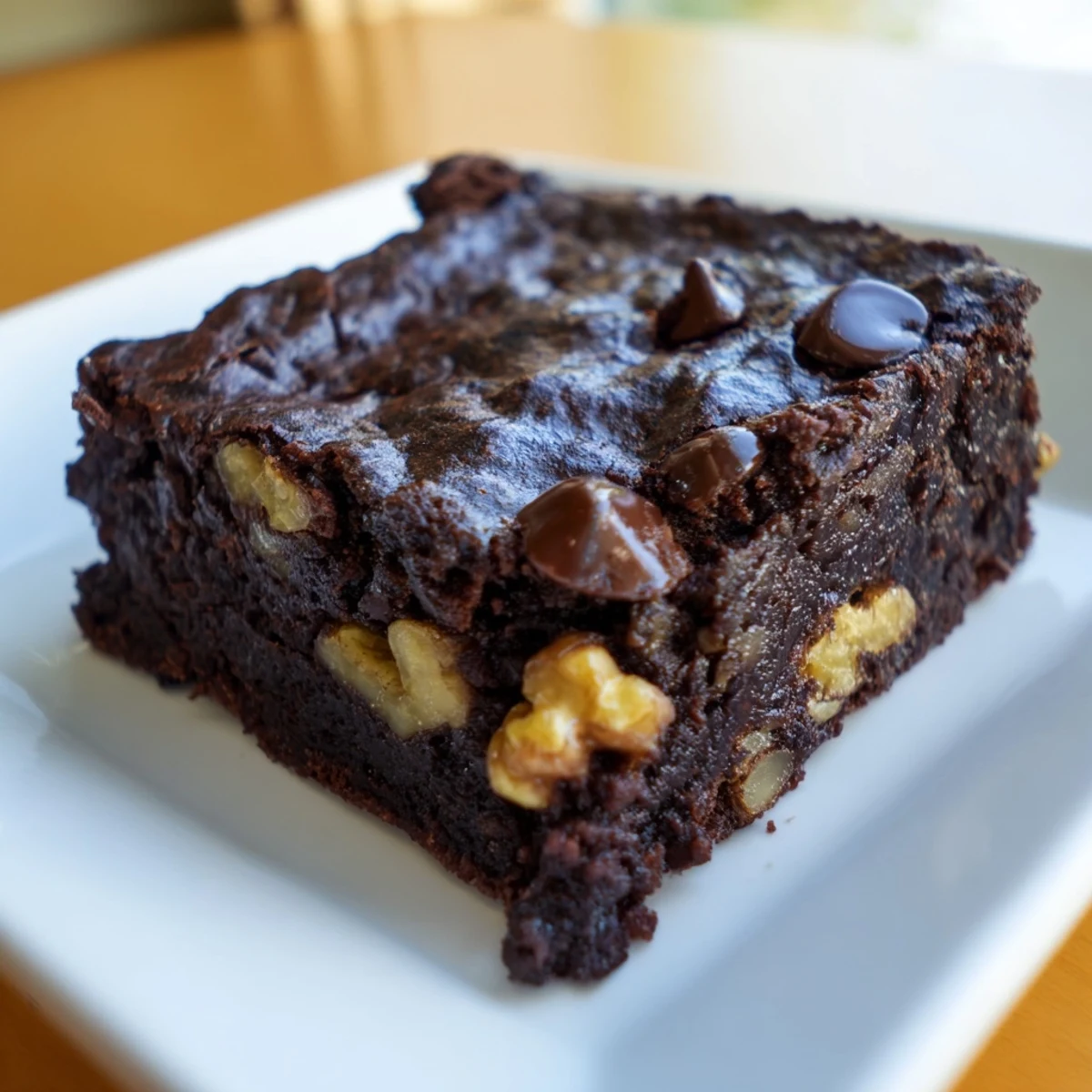 Warm, freshly baked black bean brownies, speckled with chocolate chips, ready to cut.