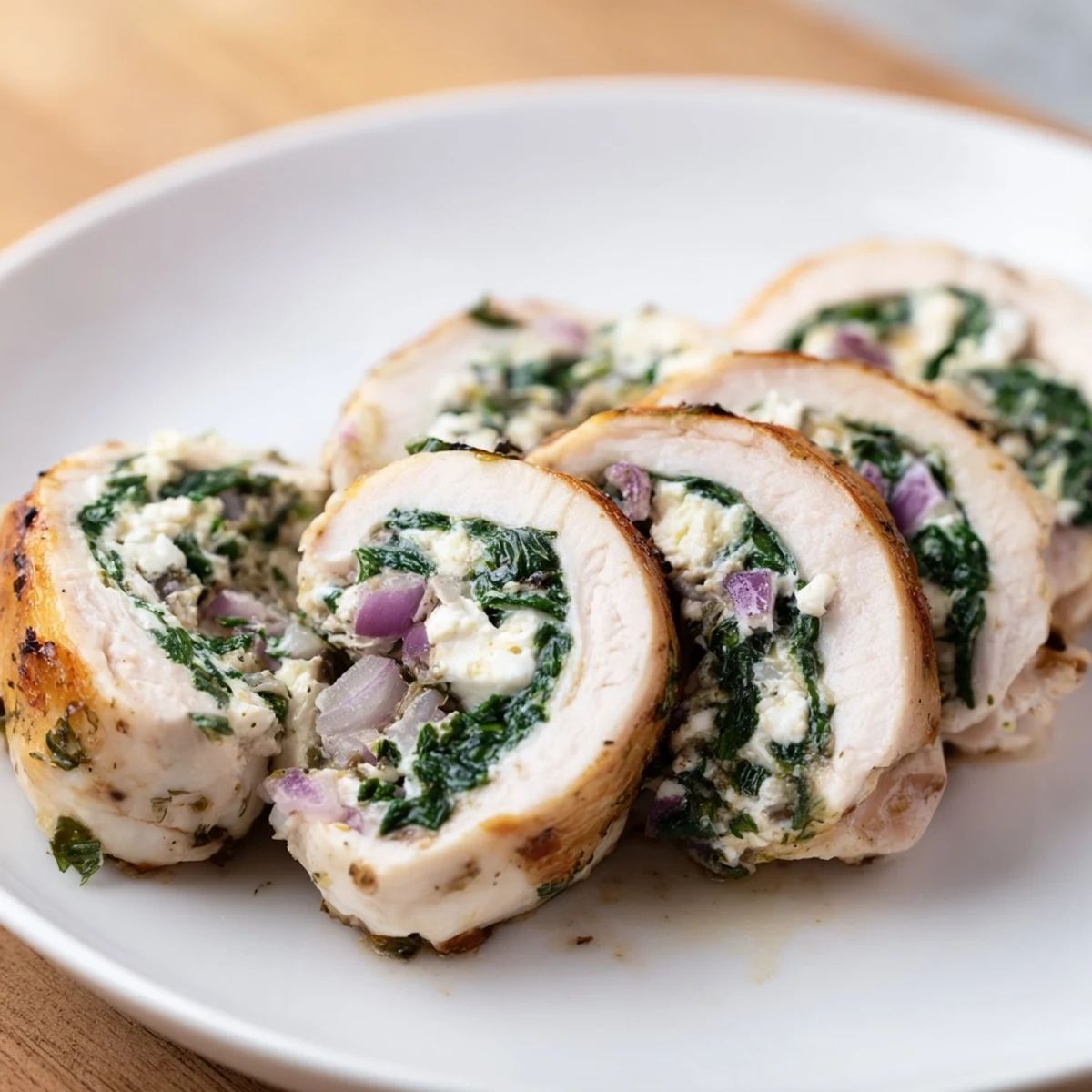 Spinach and feta-stuffed chicken, browned on the outside and baked to juicy perfection.