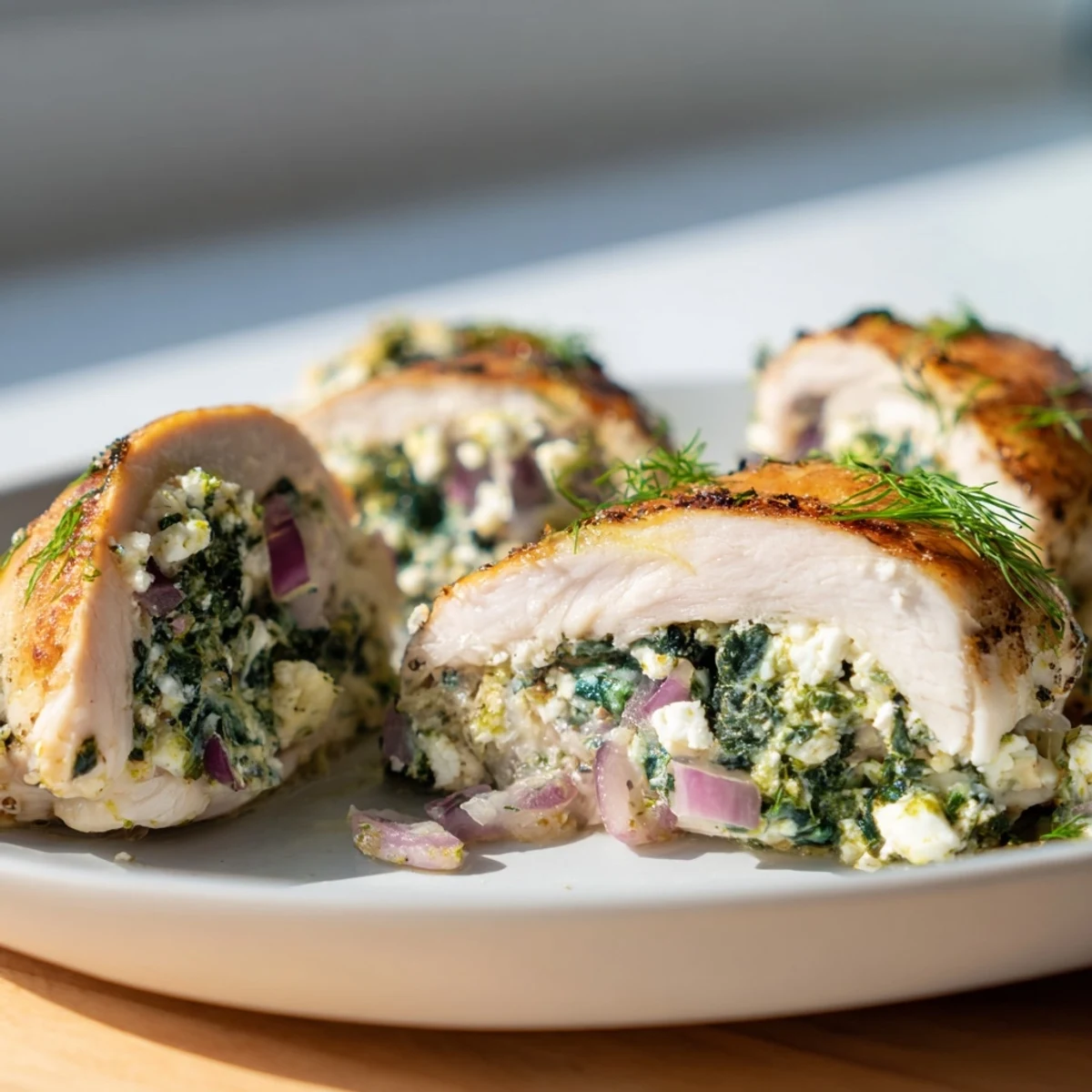 Savory spinach feta stuffed chicken roll-ups, beautifully seared and then oven-baked.