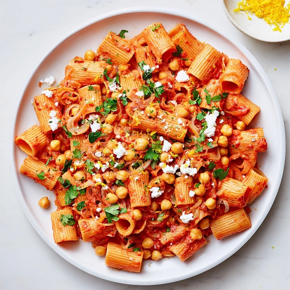 Harissa Chickpea Pasta, a steamy bowl of pasta with chickpeas, herbs, and a spicy tomato sauce.
