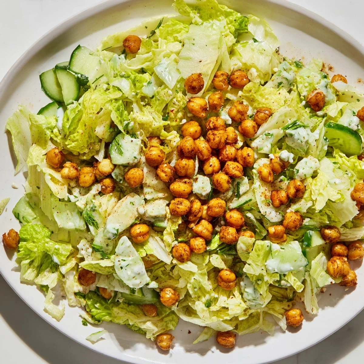 Fresh and vibrant Green Goddess Salad with crispy golden chickpeas, ready to enjoy.