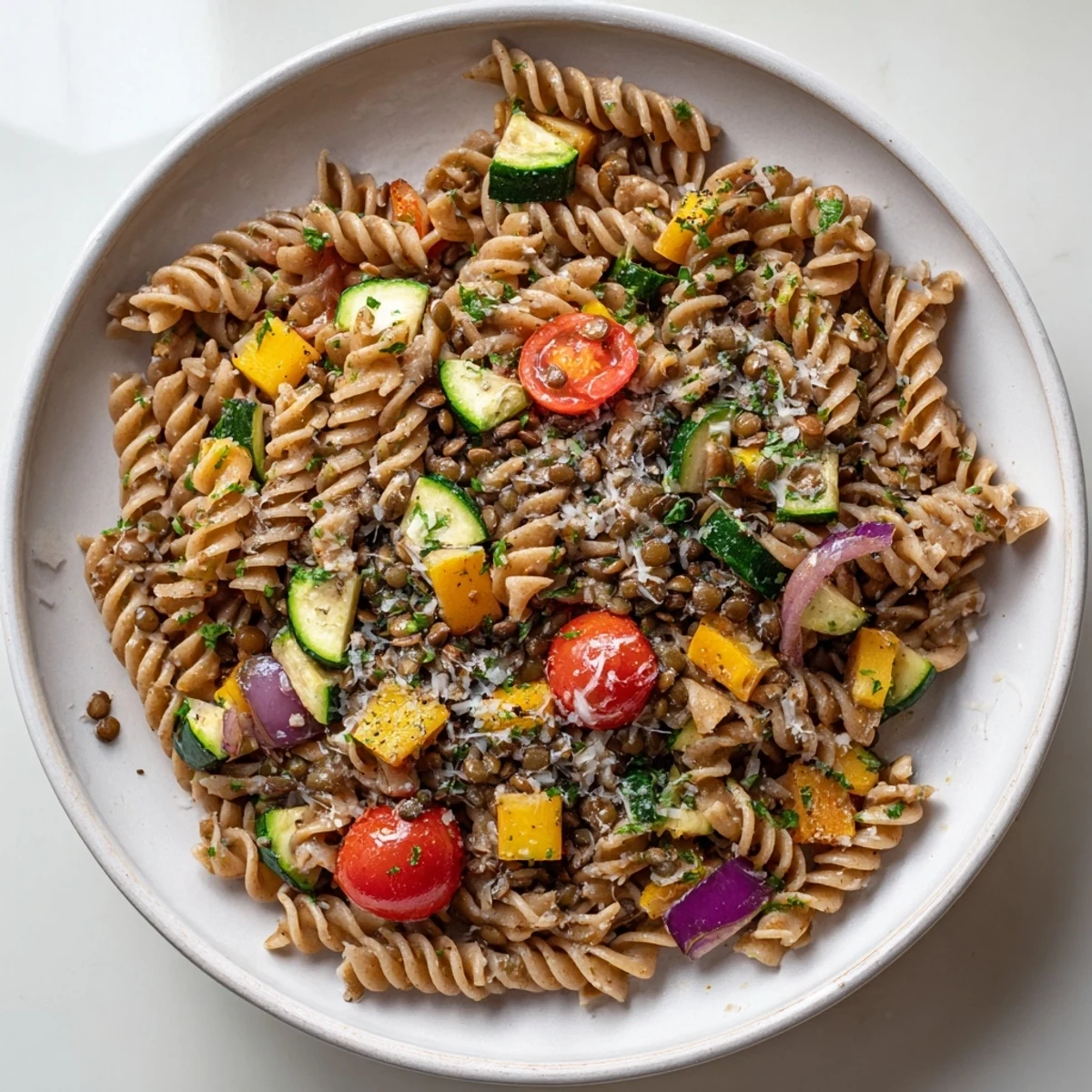 Steaming Lentil Pasta with Vegetables: a colorful Mediterranean dish with roasted, tender vegetables.
