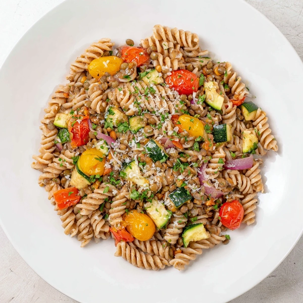 Warm bowl of Lentil Pasta with Vegetables: a delicious, healthy meal topped with fresh herbs and Parmesan.
