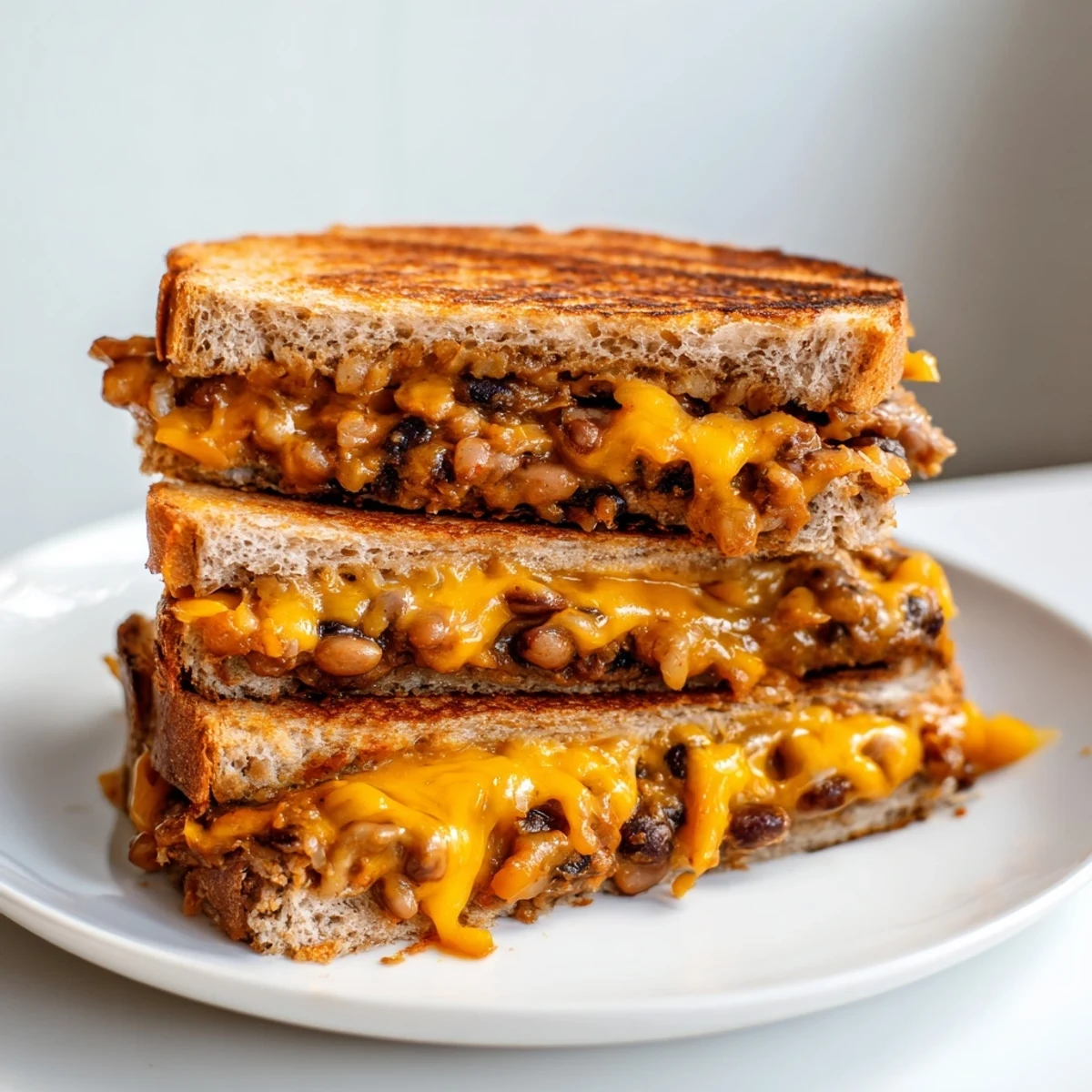 A close-up shot of a perfectly grilled Black Bean Grilled Cheese, with its crispy bread and cheese pull.
