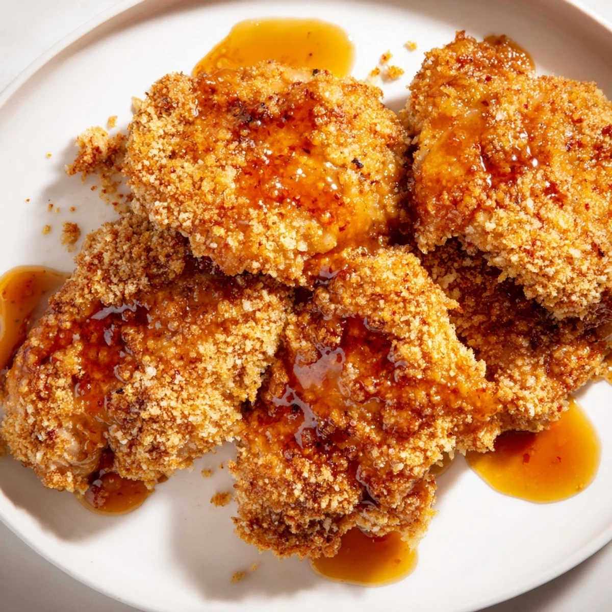 Golden fried Hot Honey Crispy Chicken Thighs, drizzled in glistening sauce, ready to serve with a side.