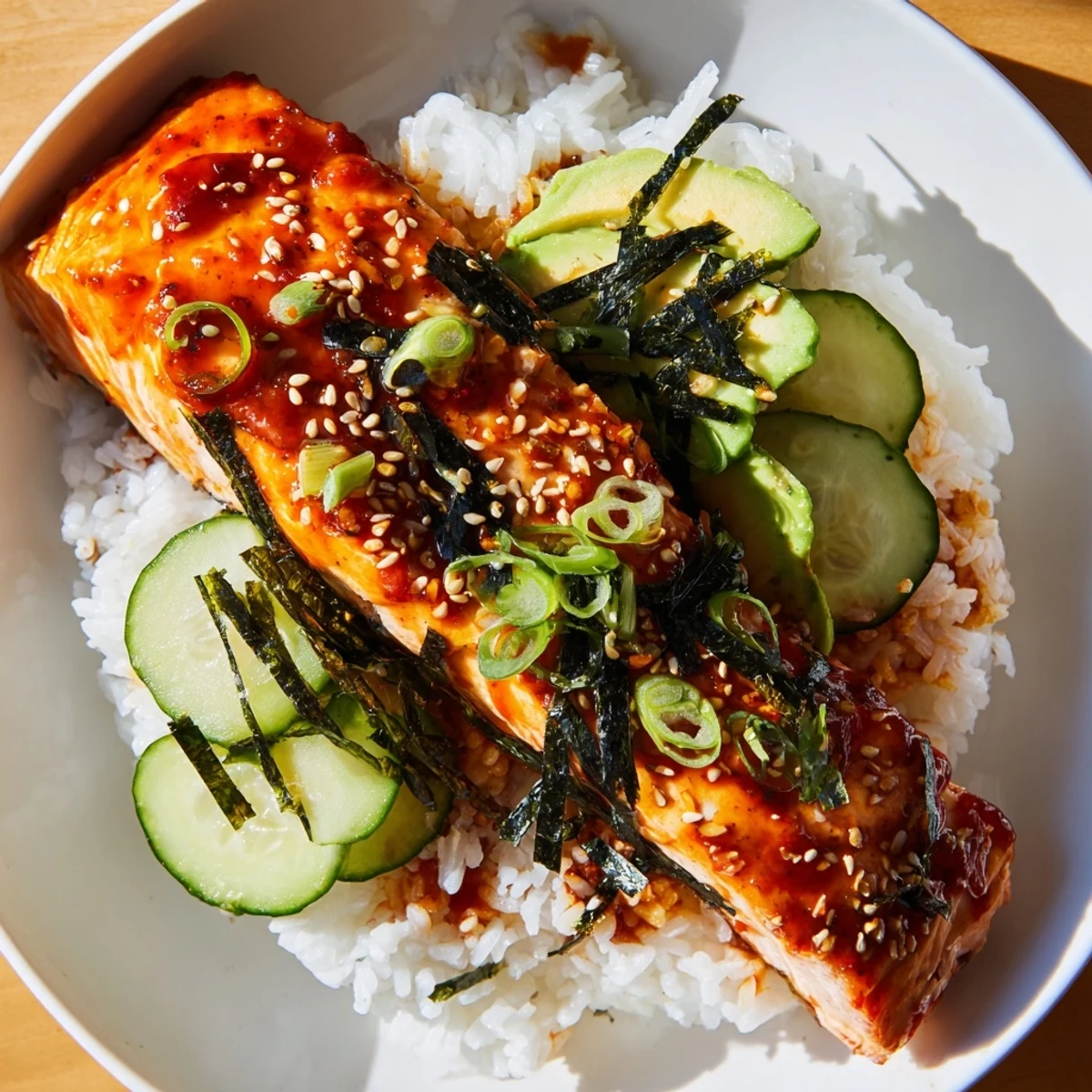 Close-up of an Emily Mariko-Inspired Gochujang Salmon Bowl with colorful toppings and a delicious aroma.