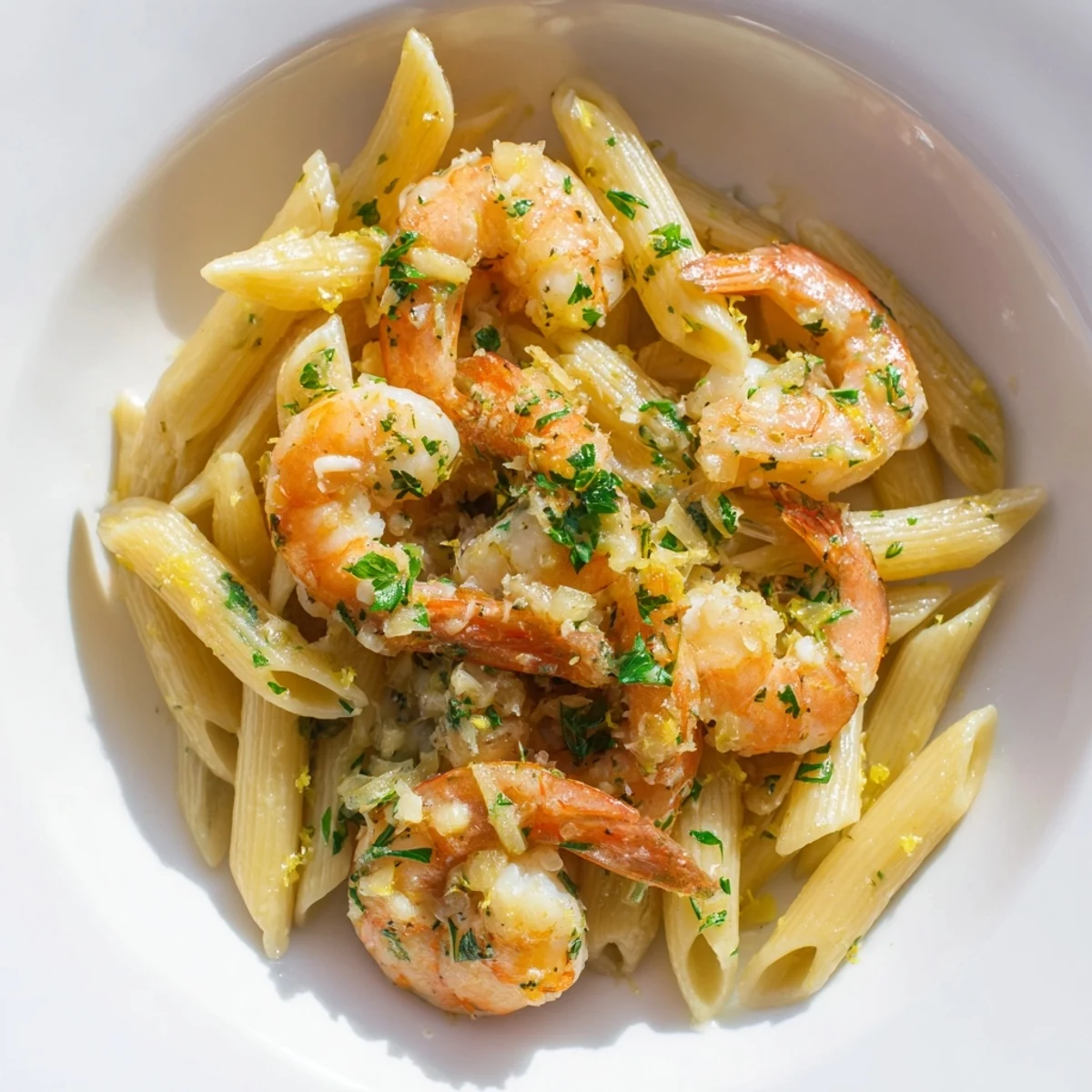 Creamy Garlic Shrimp Penne, garnished with fresh parsley and Parmesan cheese, steaming hot.