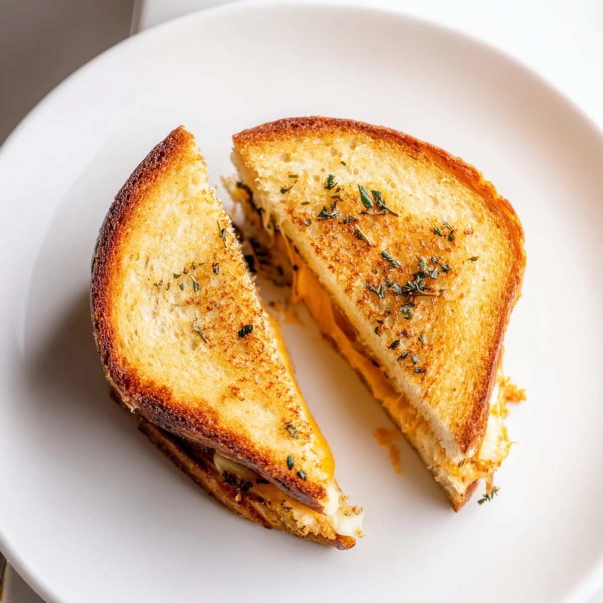 Close-up of a perfectly grilled Garlic Butter Mayo Grilled Cheese, ready melty and delicious.