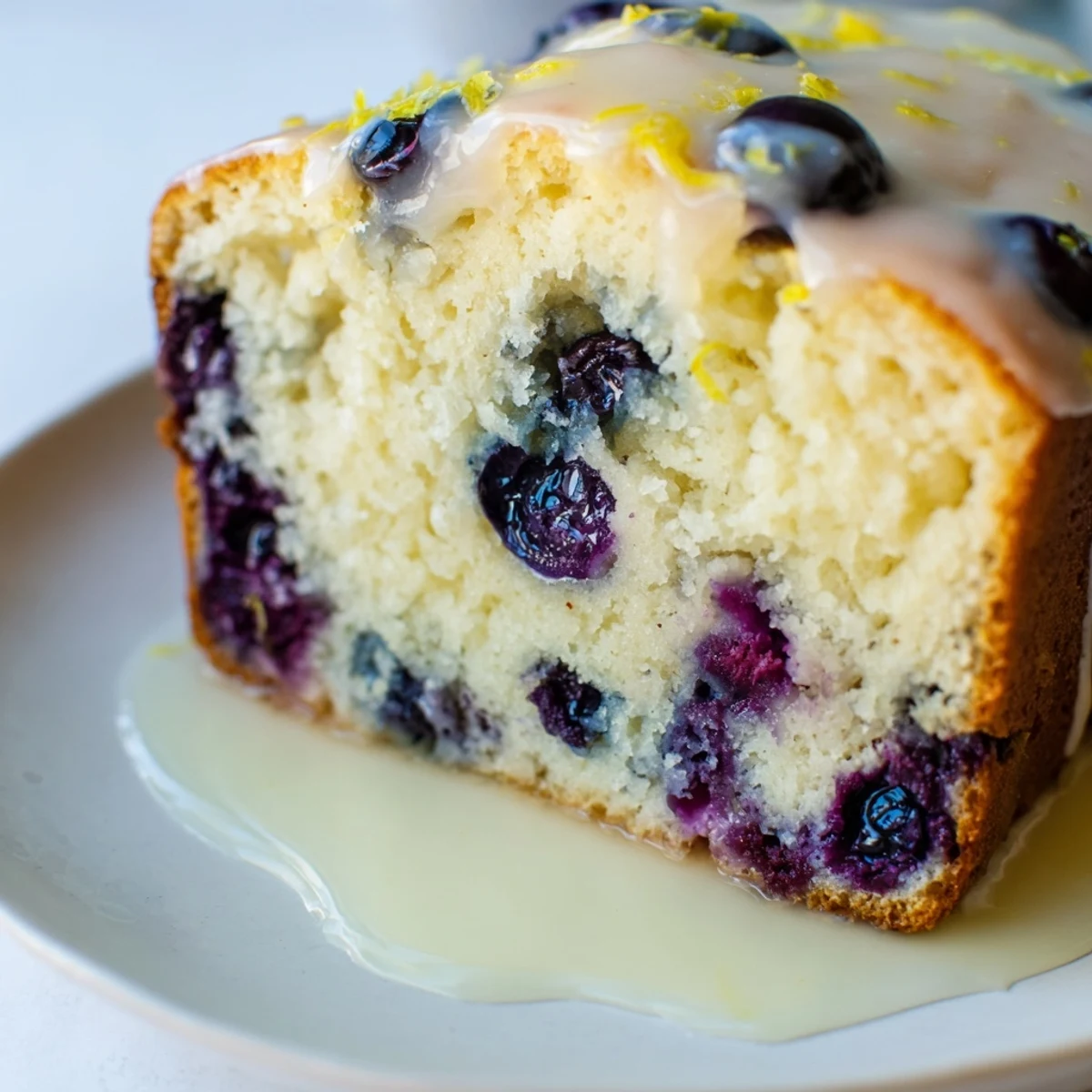 A golden slice of Lemon Blueberry Yogurt Loaf, drizzled with glaze, perfect for a sunny breakfast.