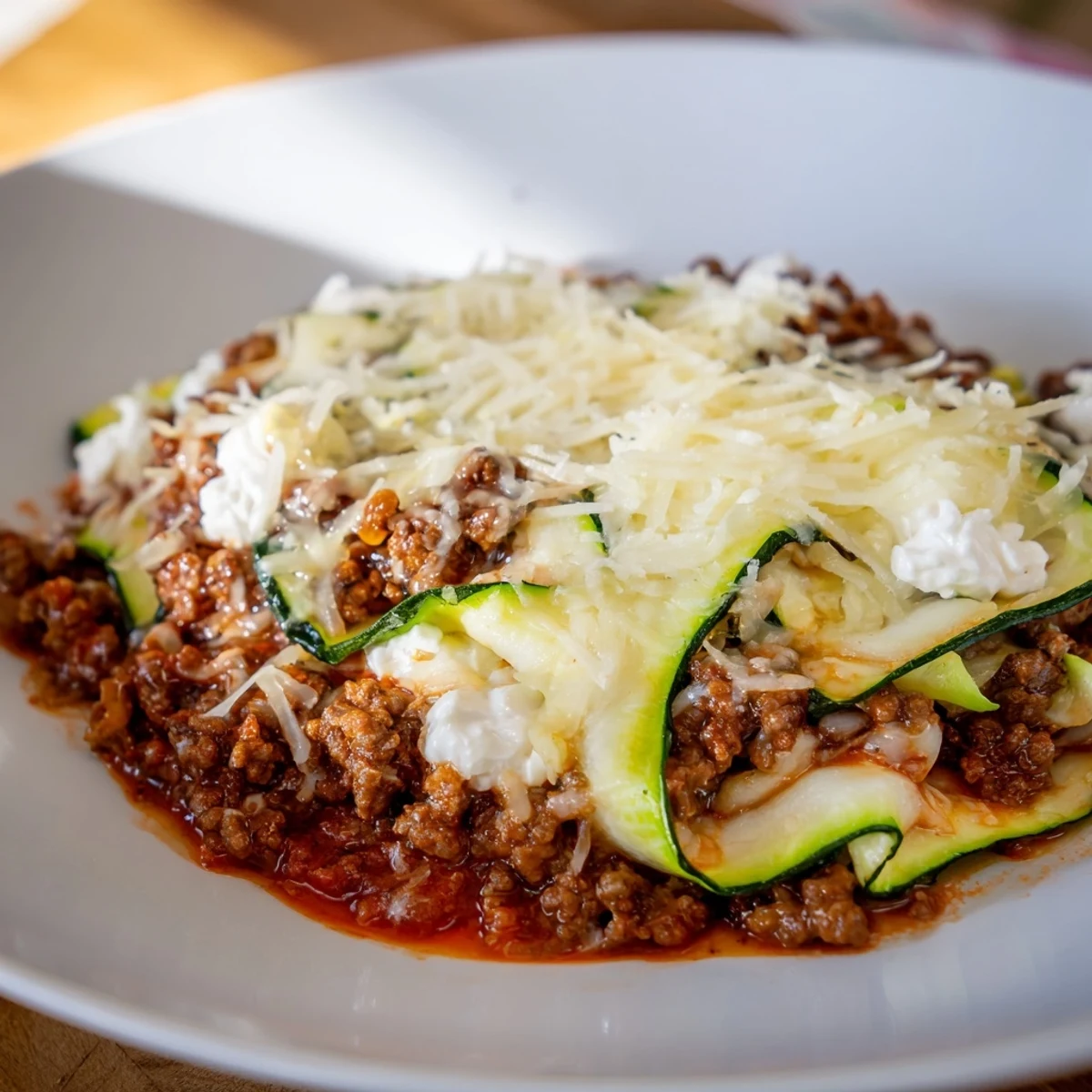 This photo shows a delicious Zucchini Lasagna Skillet, layered with melted cheese, beef, and vibrant zucchini.