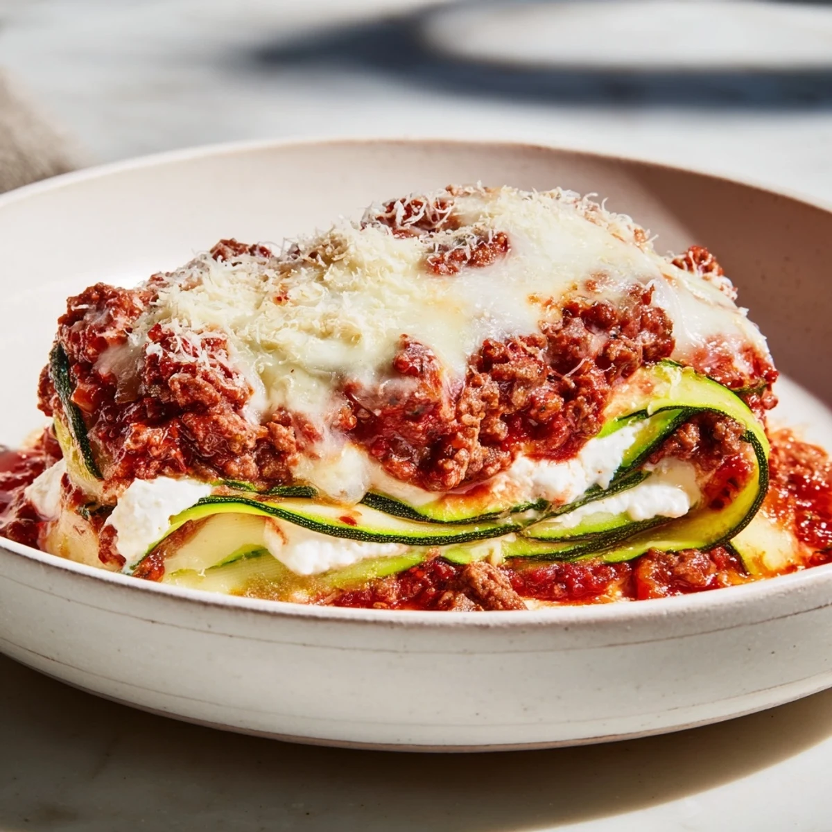 A close-up of this savory Zucchini Lasagna Skillet features golden, bubbly cheese over a hearty, flavorful meal.