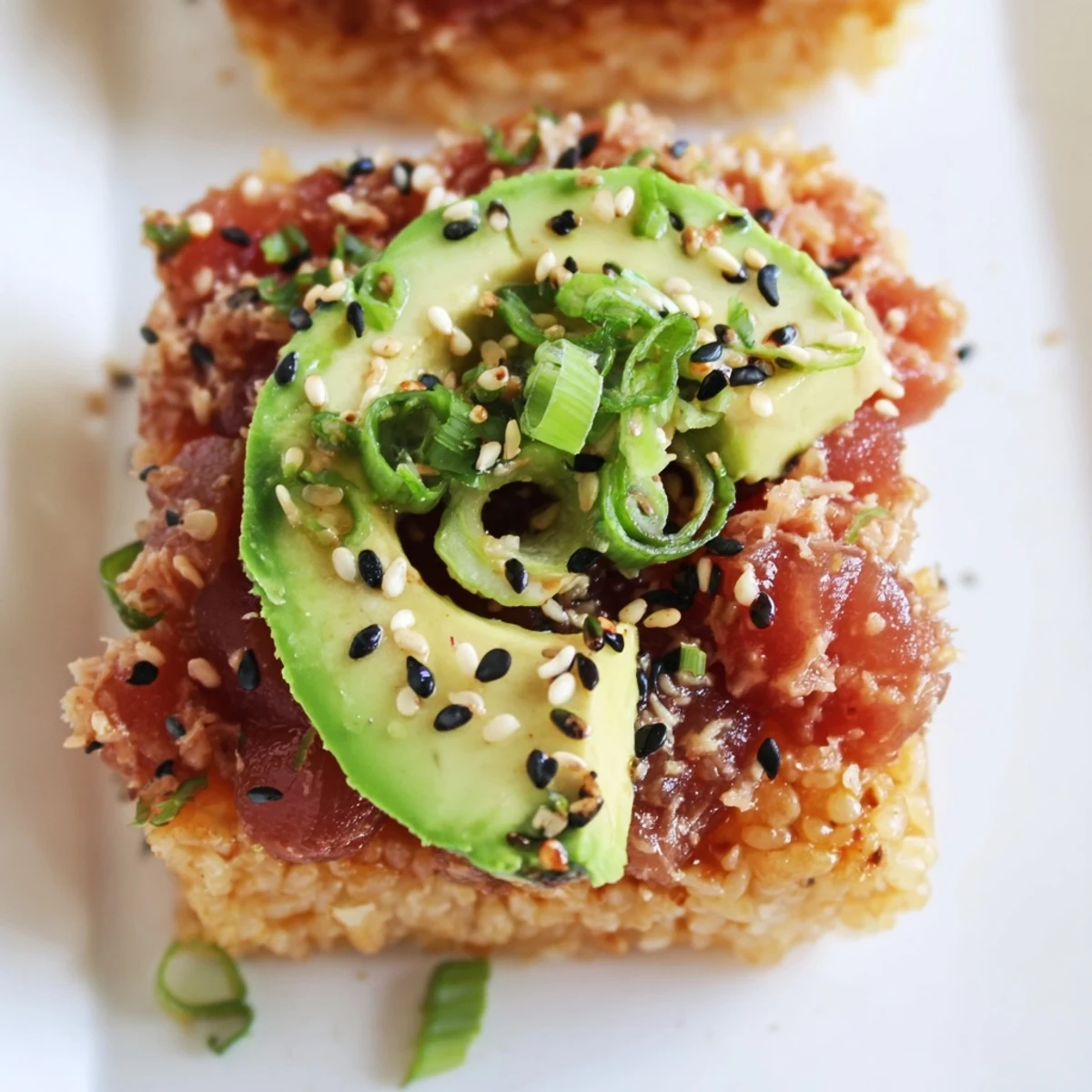 Golden, fried Spicy Tuna Crispy Rice squares topped with vibrant red tuna and green avocado.