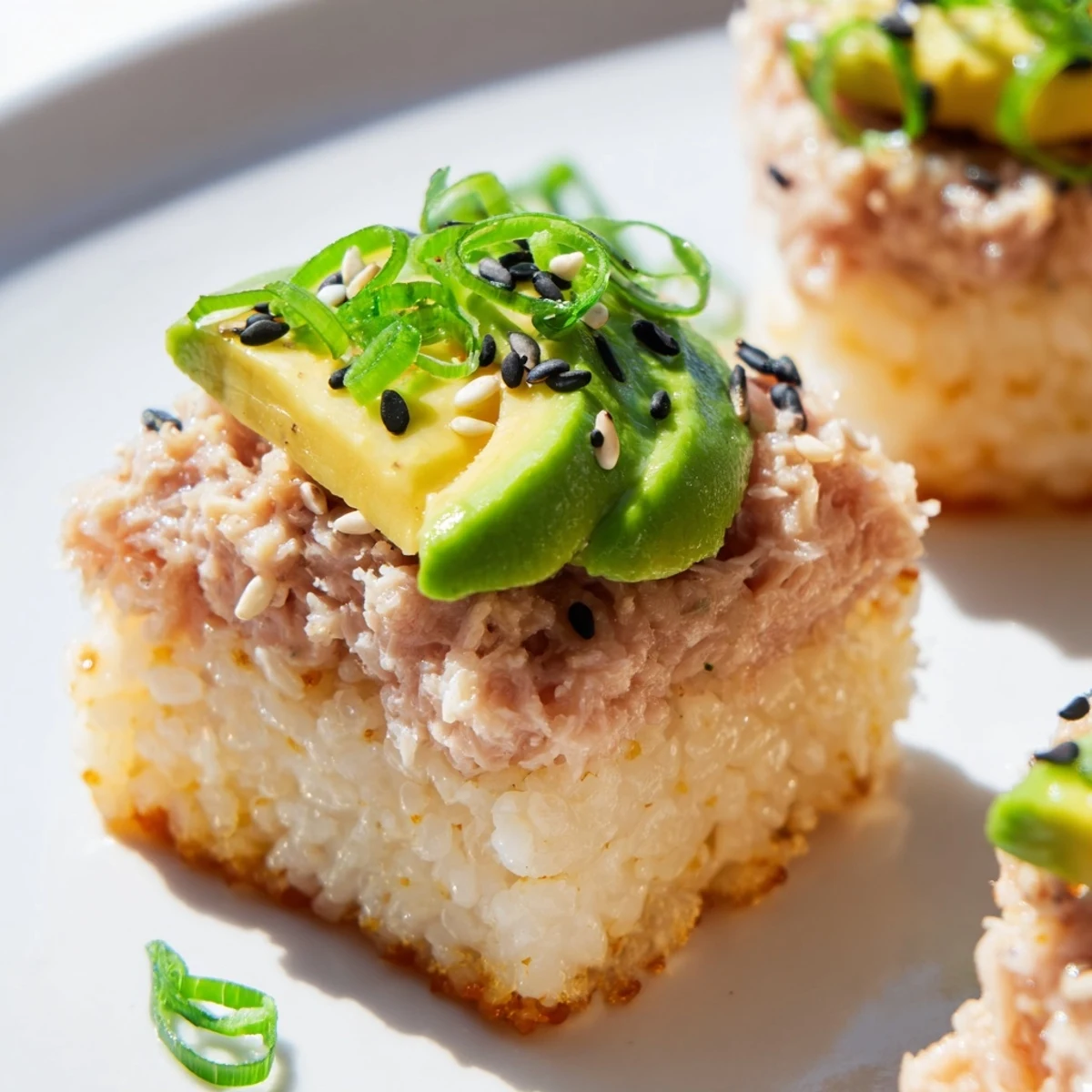 Savory Spicy Tuna Crispy Rice served with avocado slices, ready for a flavorful bite.
