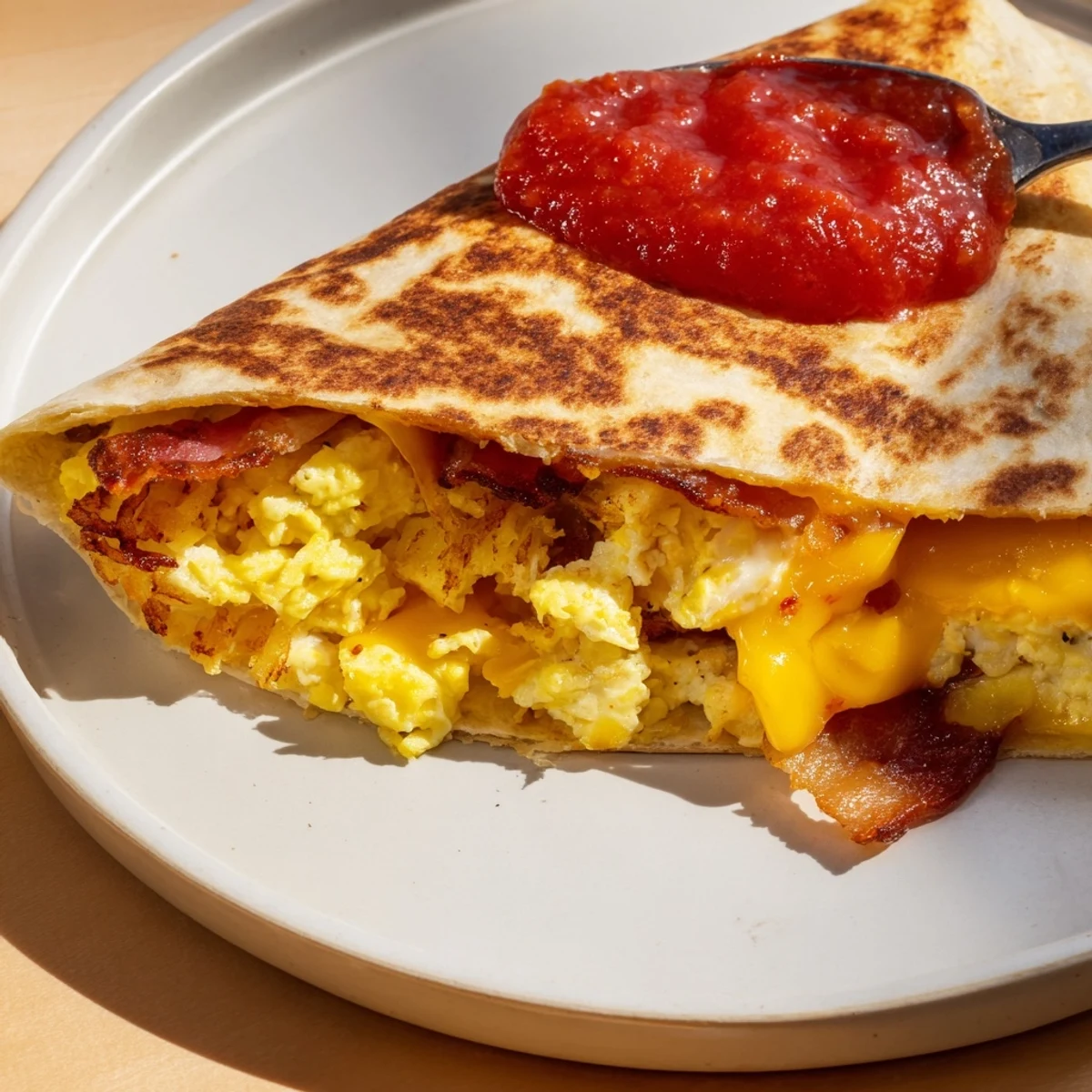 Golden-brown Breakfast Crunchwrap hack, filled with sizzling hash browns, eggs, and melty cheese, ready to eat.