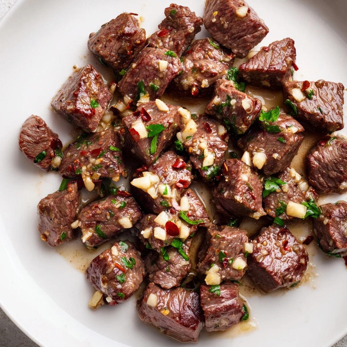 Golden-brown garlic butter steak bites glistening, served with fresh parsley, ready to eat.