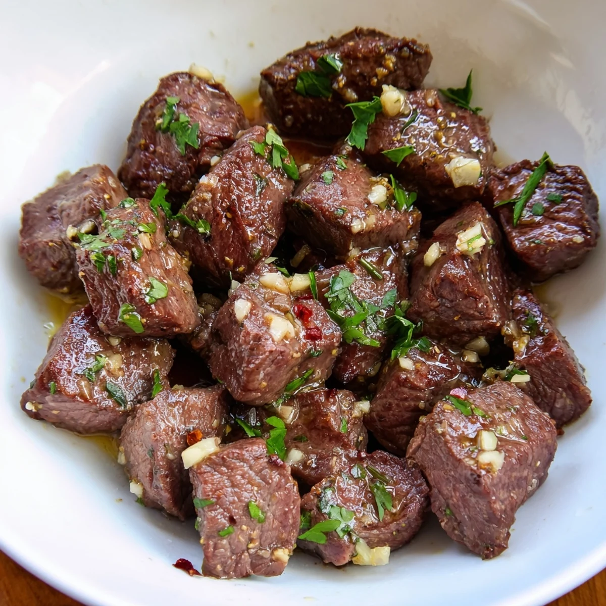 Sizzling skillet of garlic butter steak bites, perfectly seared and coated in a rich, savory sauce.