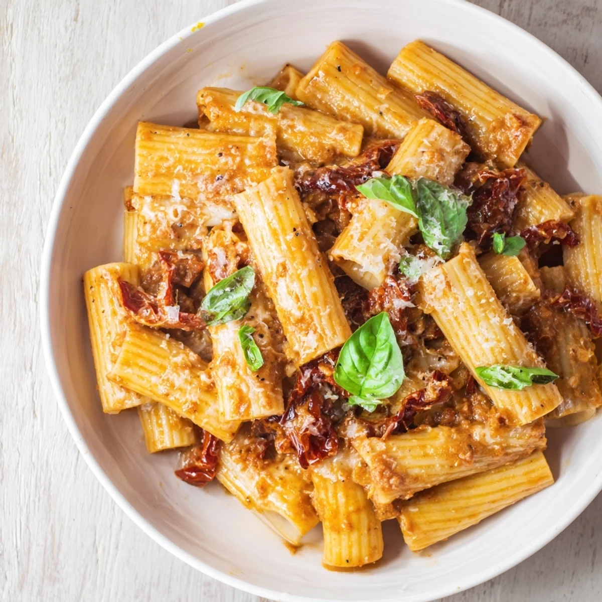 A close-up of creamy sun-dried tomato pasta, richly coated and topped with fresh basil.