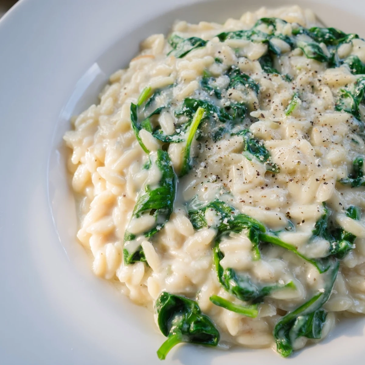 This creamy spinach orzo features a luscious, velvety sauce, perfect for a quick, comforting dinner.