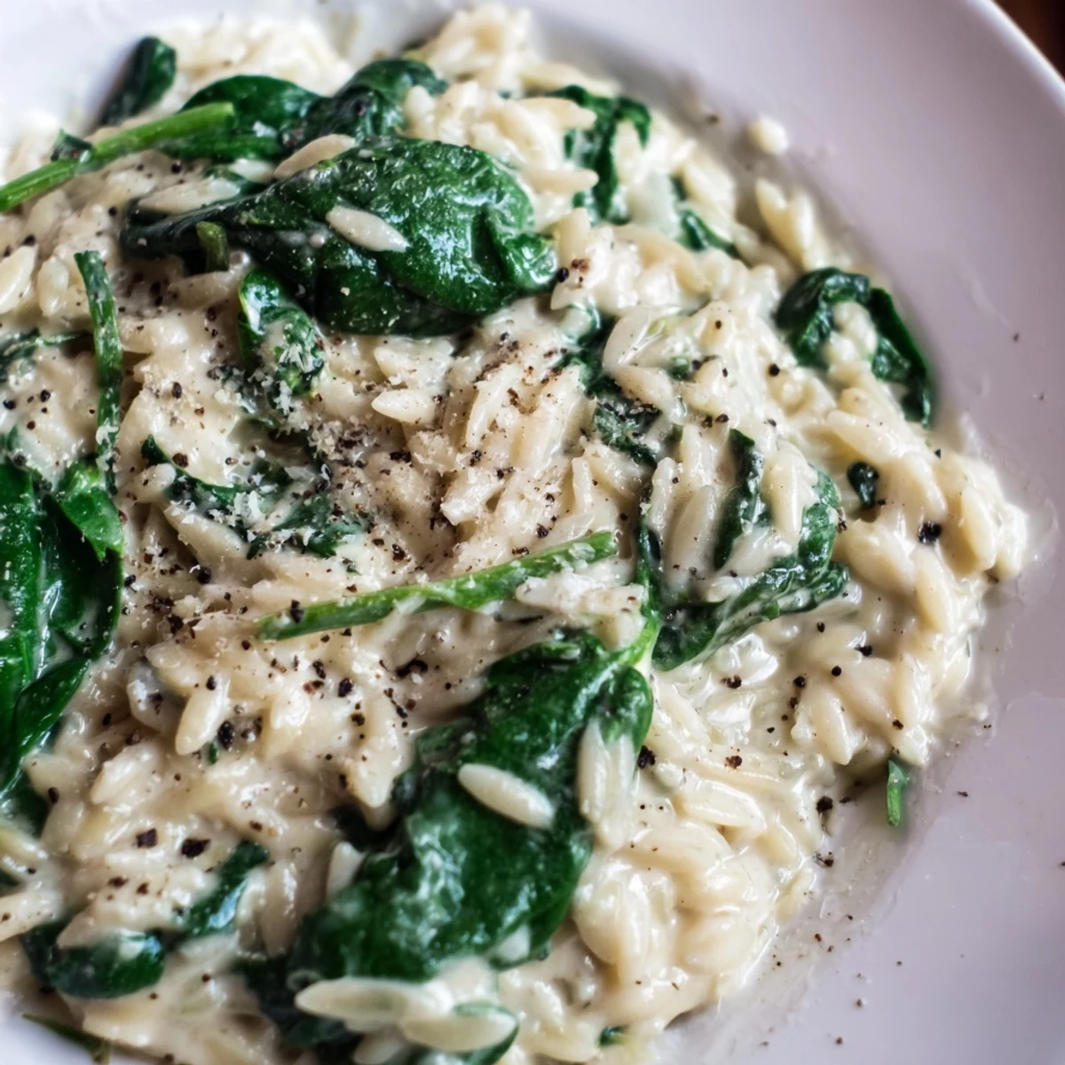 Fresh spinach peeks through the creamy sauce in this easy Creamy Spinach Orzo recipe, delicious and comforting.