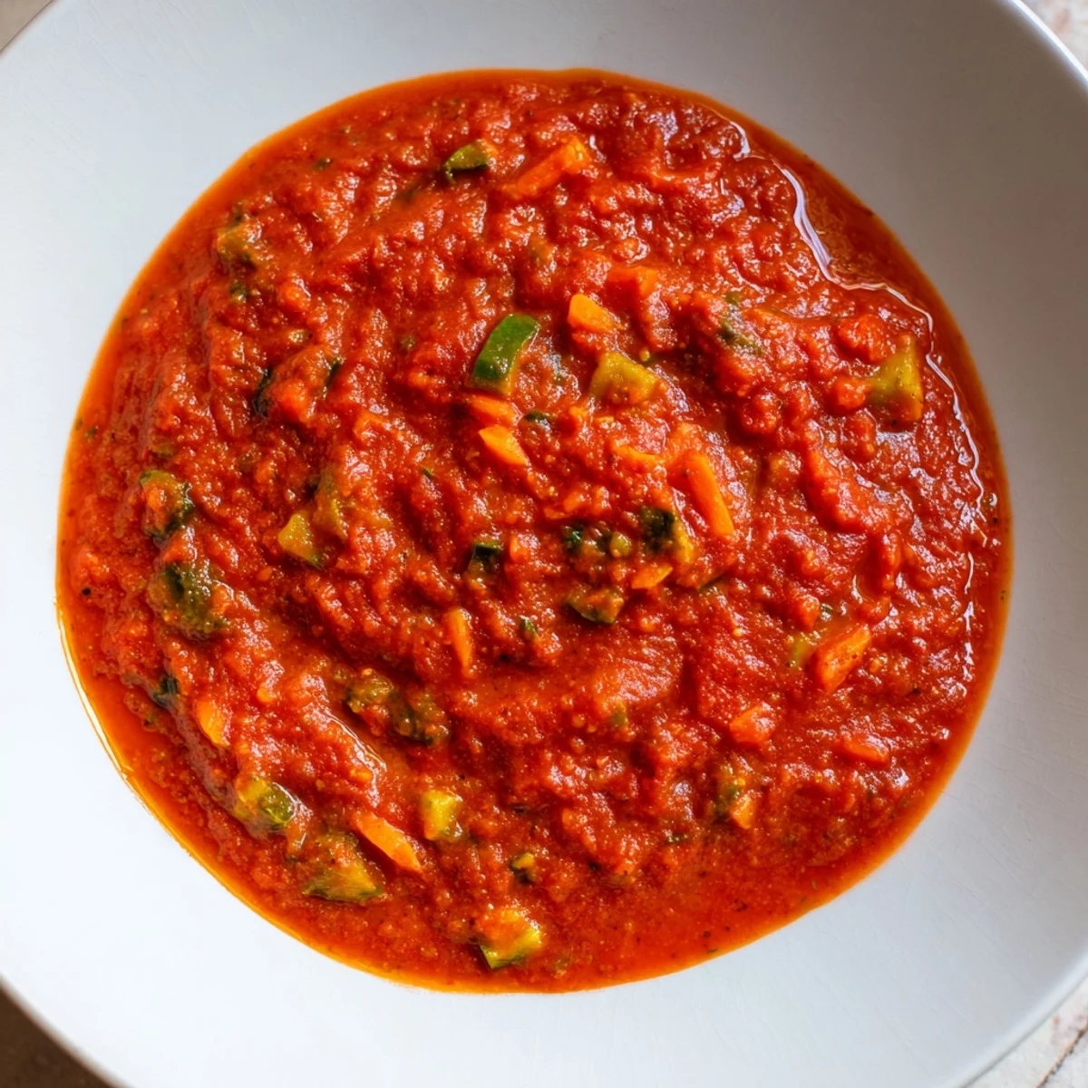 This Veggie-Loaded Tomato Pasta Sauce features a smooth, deep red color, with visible herbs.