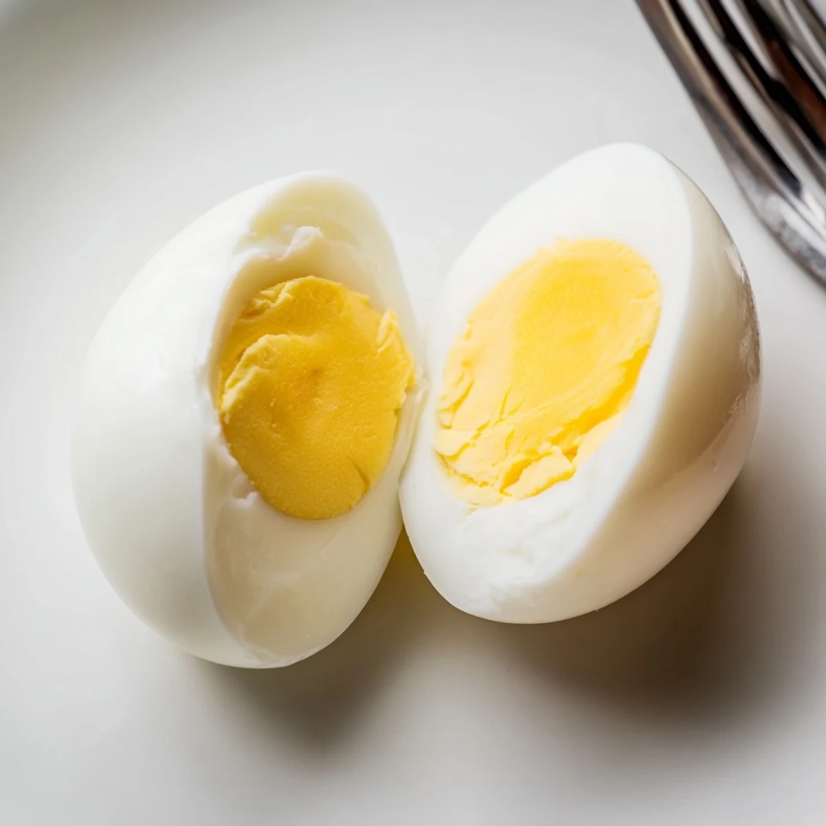 Fluffy air fryer boiled eggs: perfect for breakfast, showing golden yolks and smooth whites.