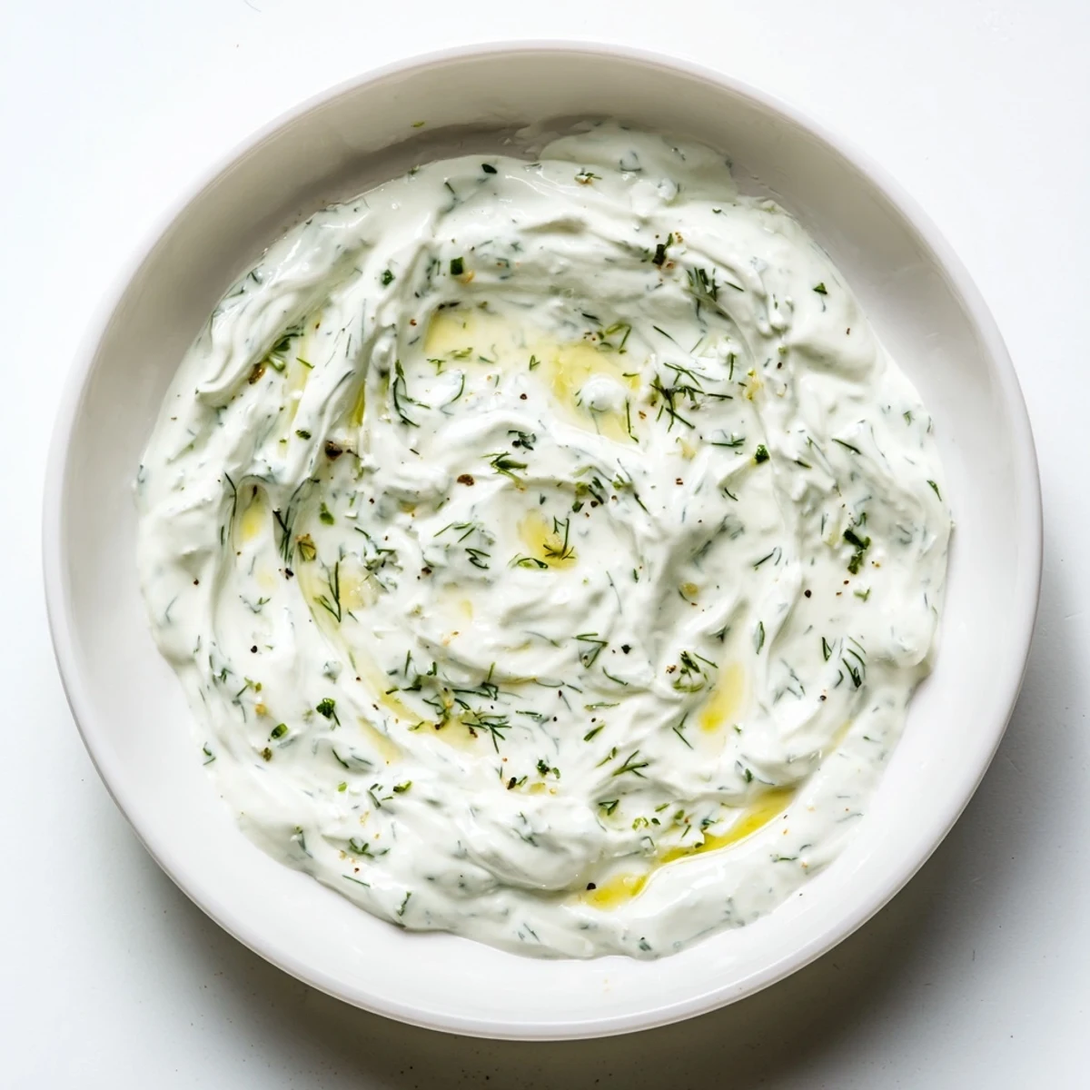 A vibrant bowl of creamy Greek Yogurt Herb Dip, perfect with pita chips, drizzled with olive oil.