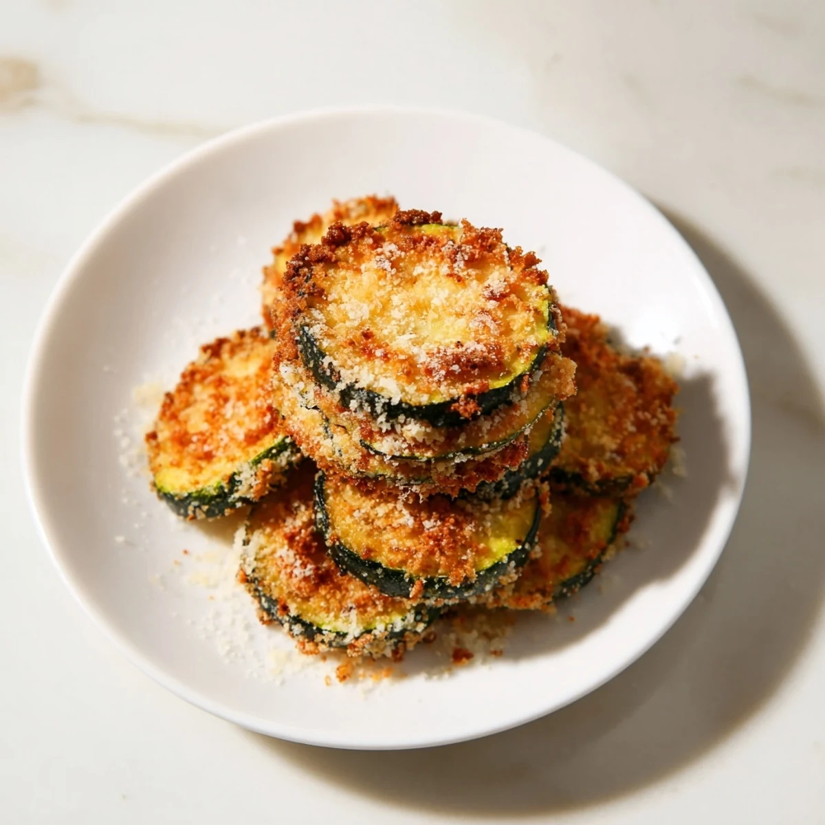Freshly made Zucchini Chips, beautifully coated, ready to be enjoyed as a savory, satisfying snack.