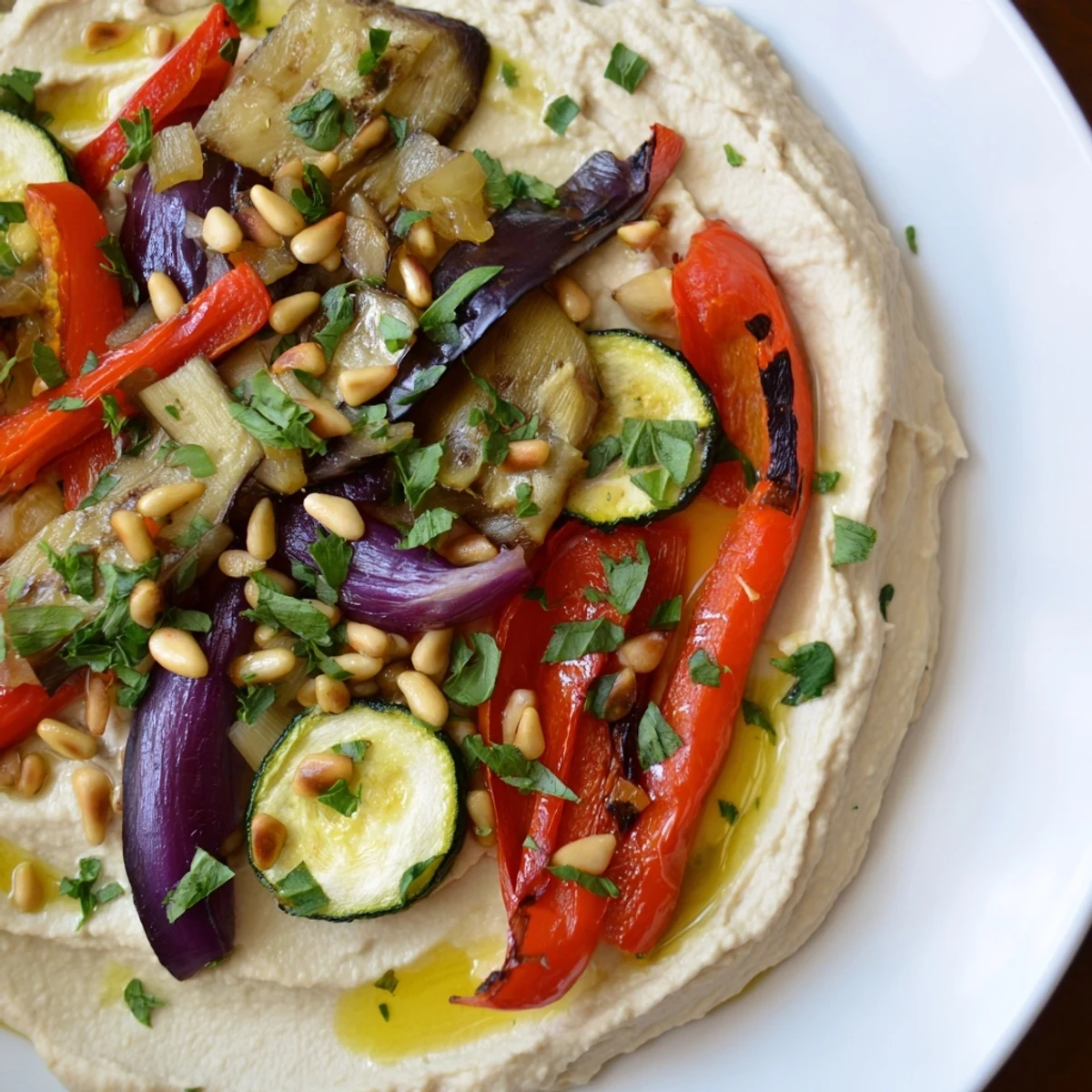 Creamy hummus roasted veggies topped with perfectly charred vegetables, a Mediterranean flavor explosion.