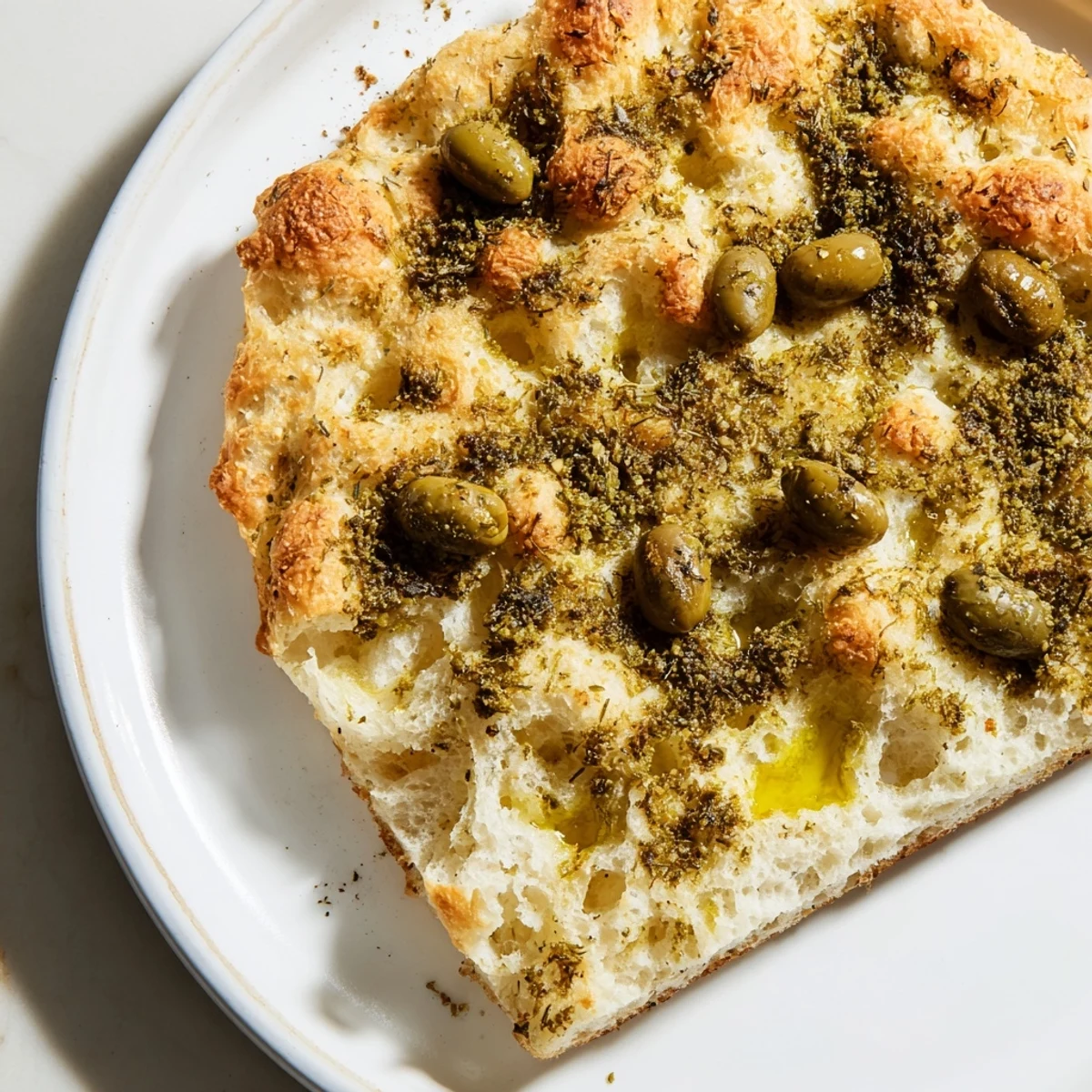 Golden-brown Zaatar Olive Focaccia, a warm, fragrant artisan bread with salty Kalamata olives.