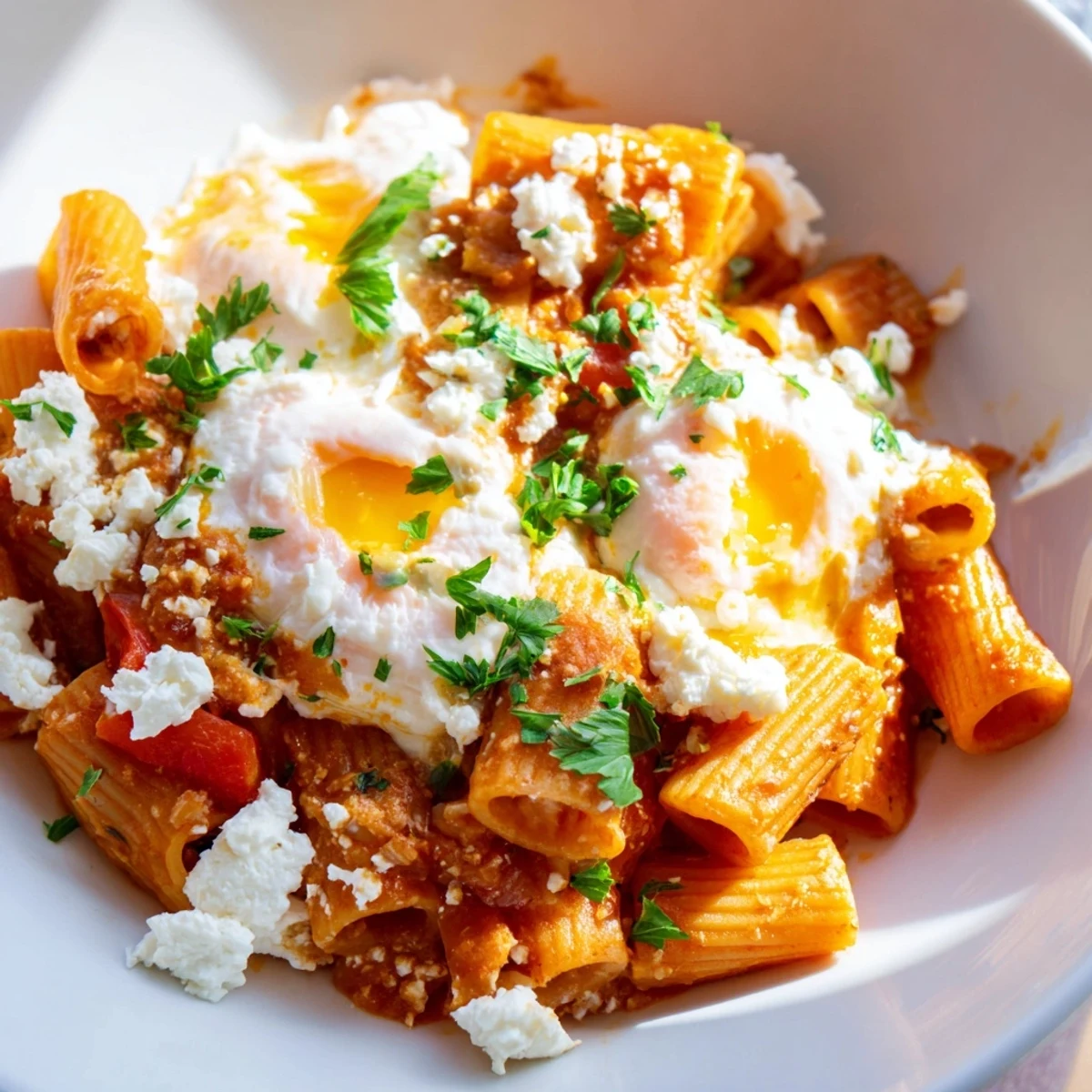 Garnished Shakshuka Baked Pasta with fresh herbs offers a comforting, flavorful main dish ready to serve.
